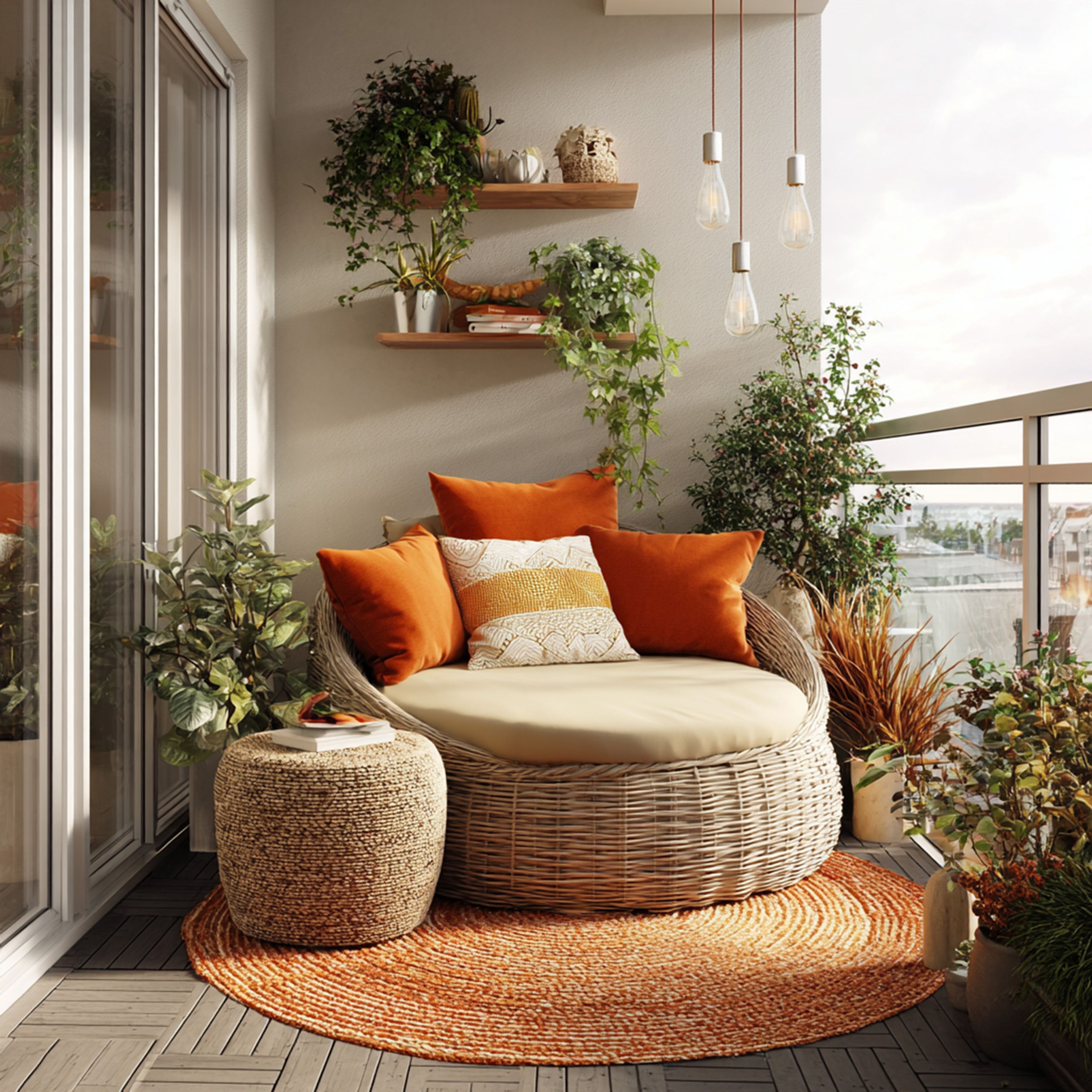 Contemporary Balcony Design with Floating Shelves and Wicker Chair