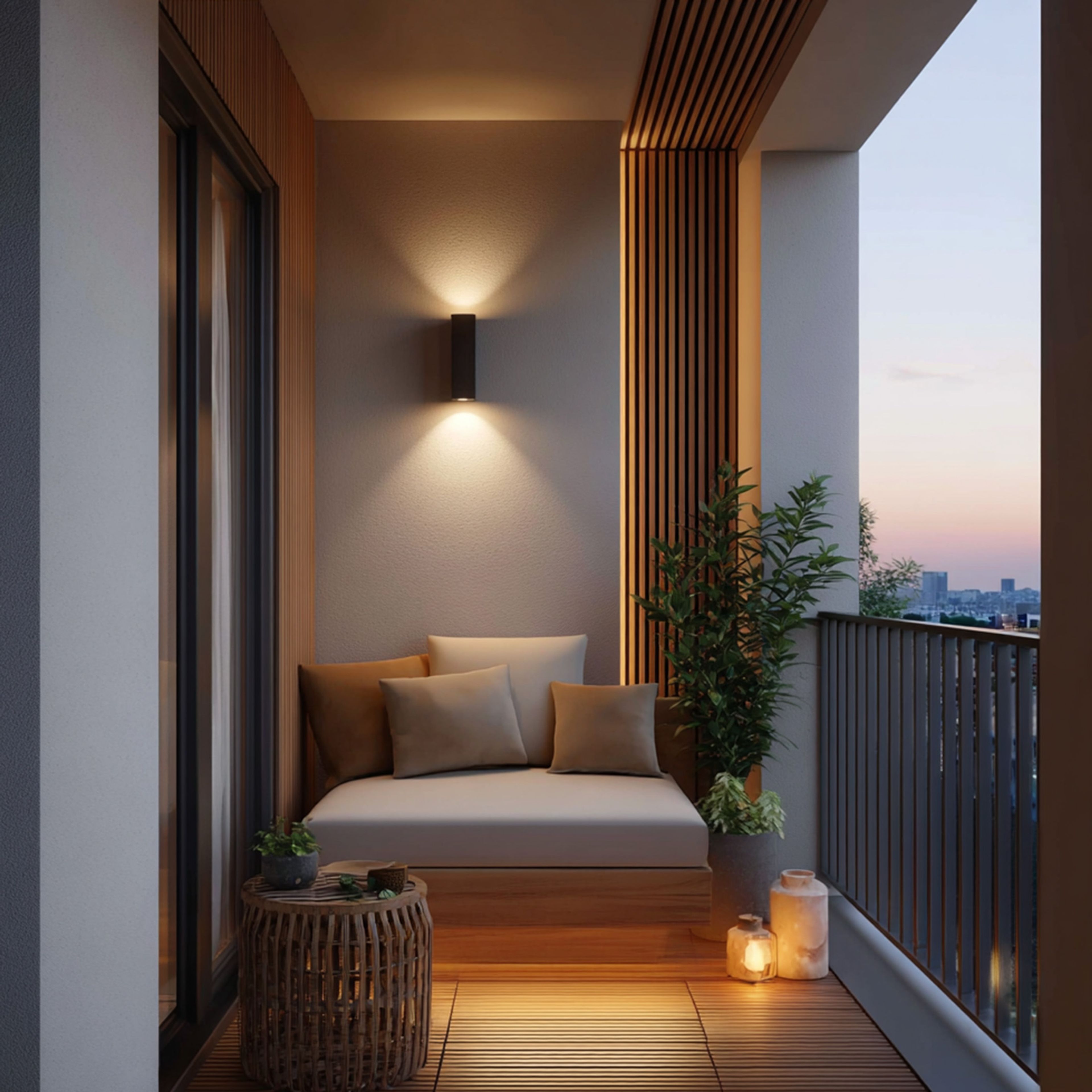 Modern Balcony Design with Wooden Bench and Wall Sconces