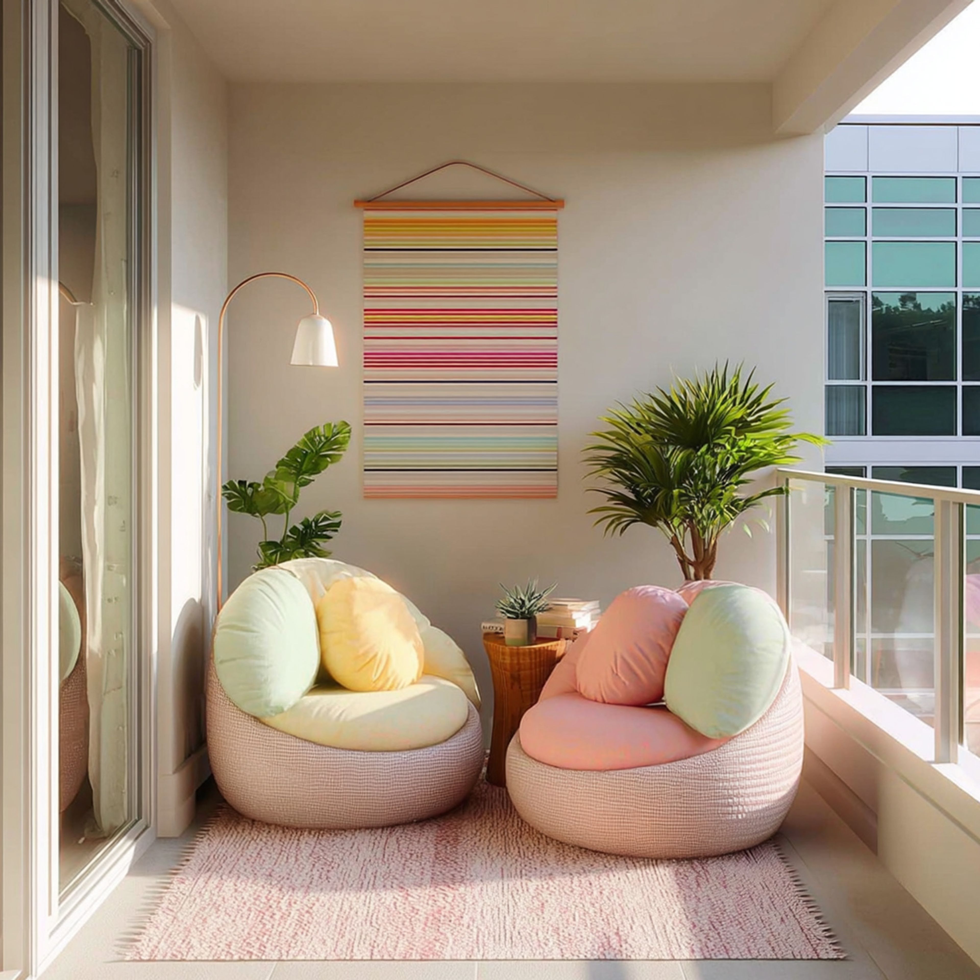 Bohemian Balcony Design with Neutral Wall with Striped Hanging and Lounge Chairs