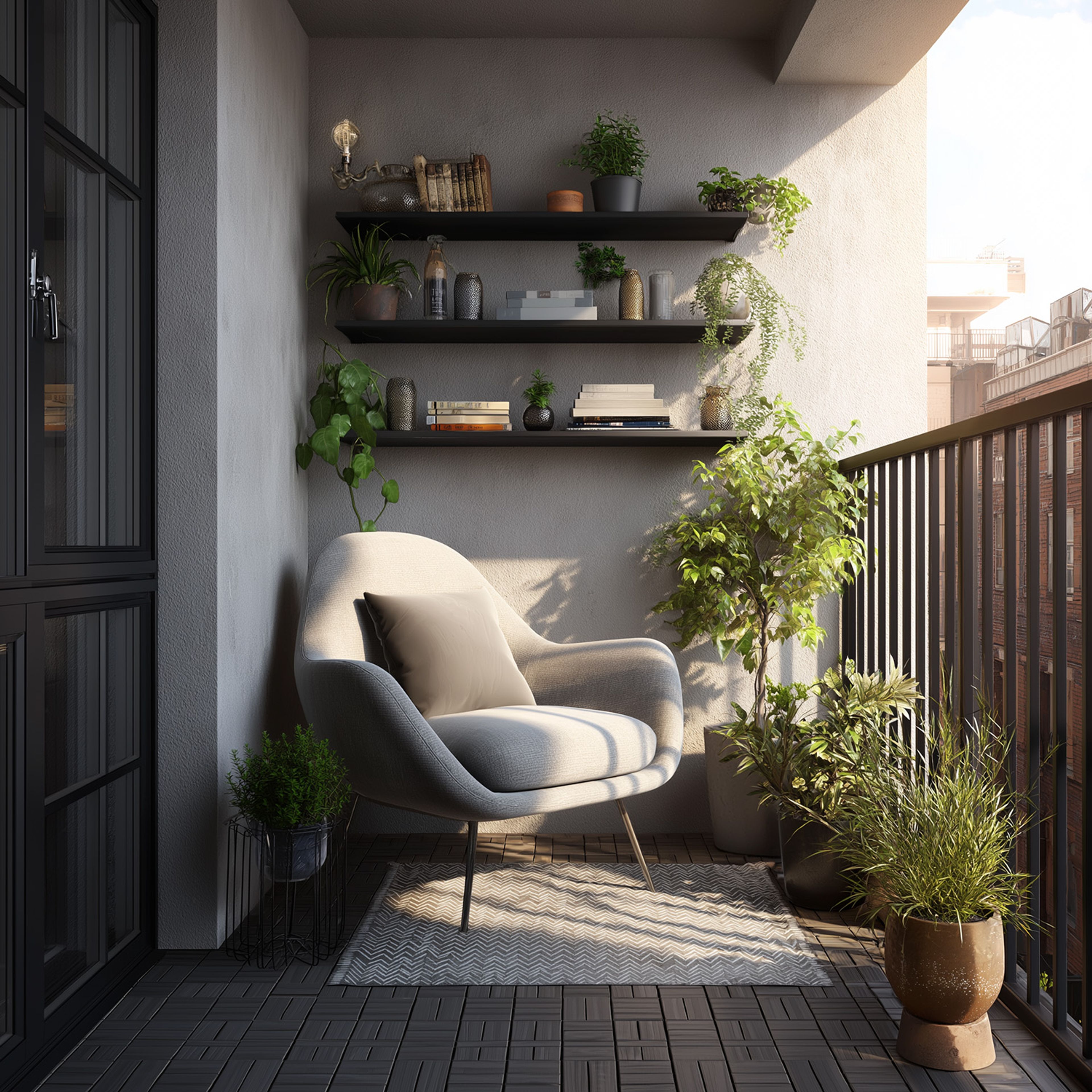 Contemporary Balcony Design with Reading Nook and Wall Display Shelves