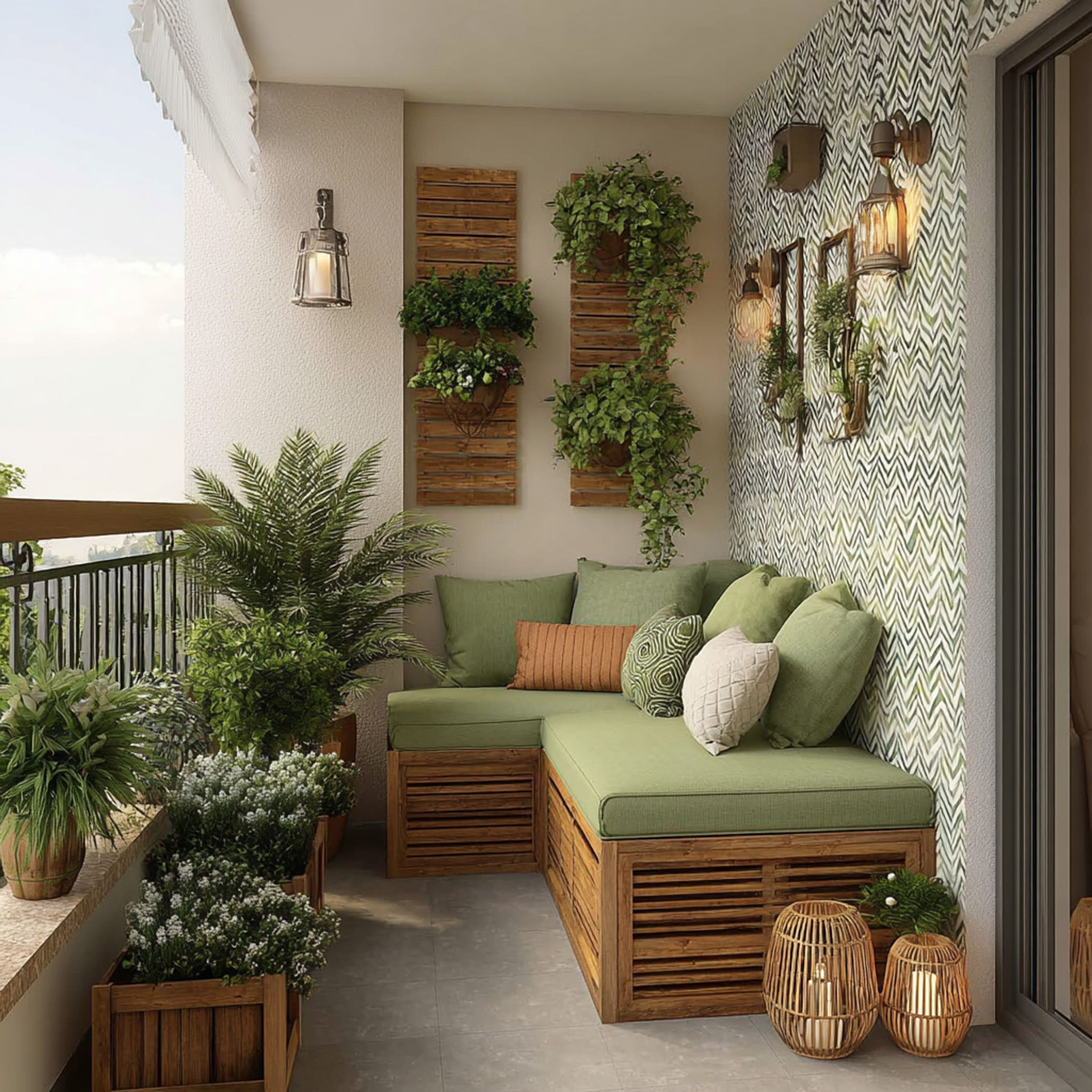 Contemporary Balcony Design with Neutral Wallpaper Print