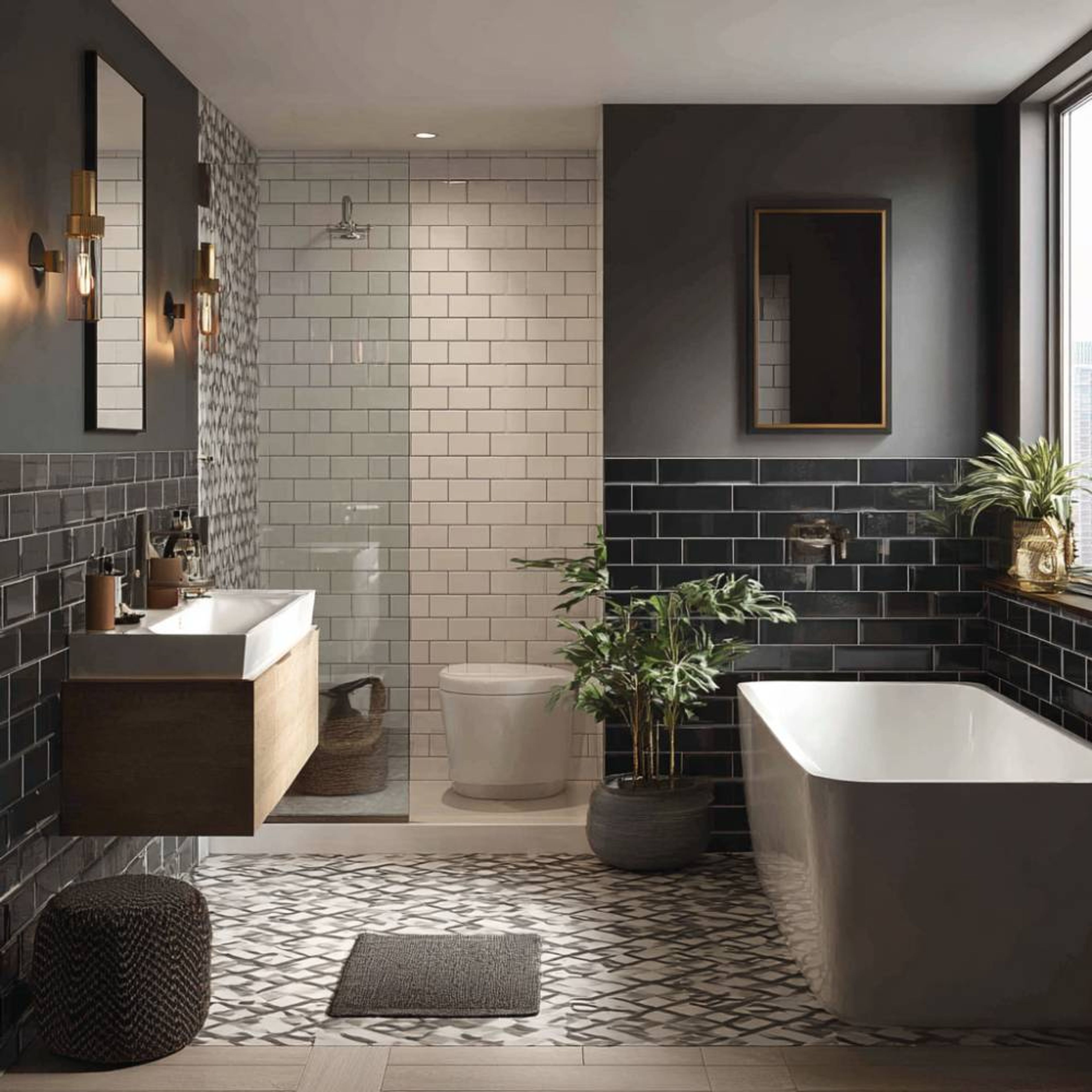 Modern Bathroom Design with Black and White Tiles and Rectangular Mirror