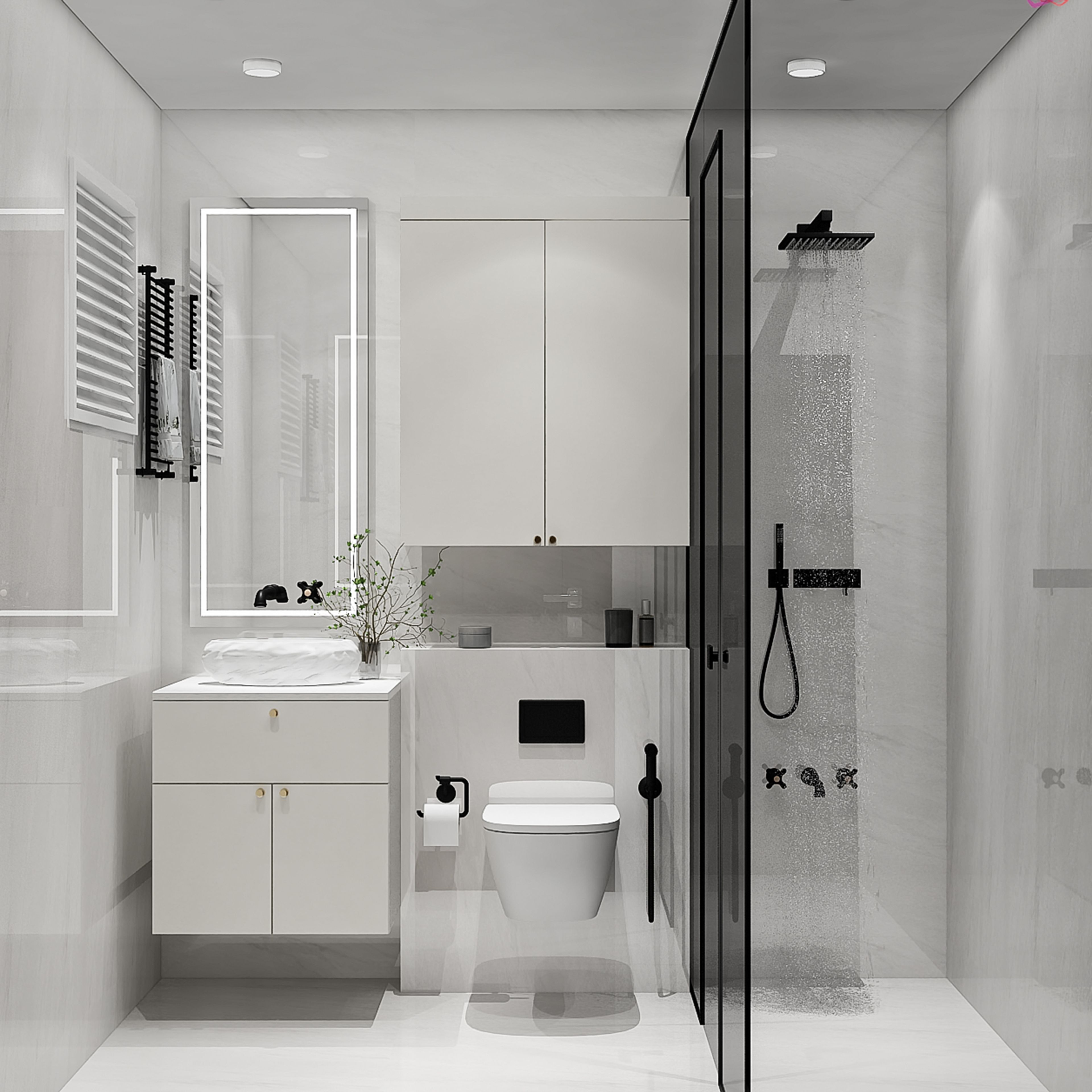 Modern Bathroom Design with Marble Vanity and Backlit Mirror