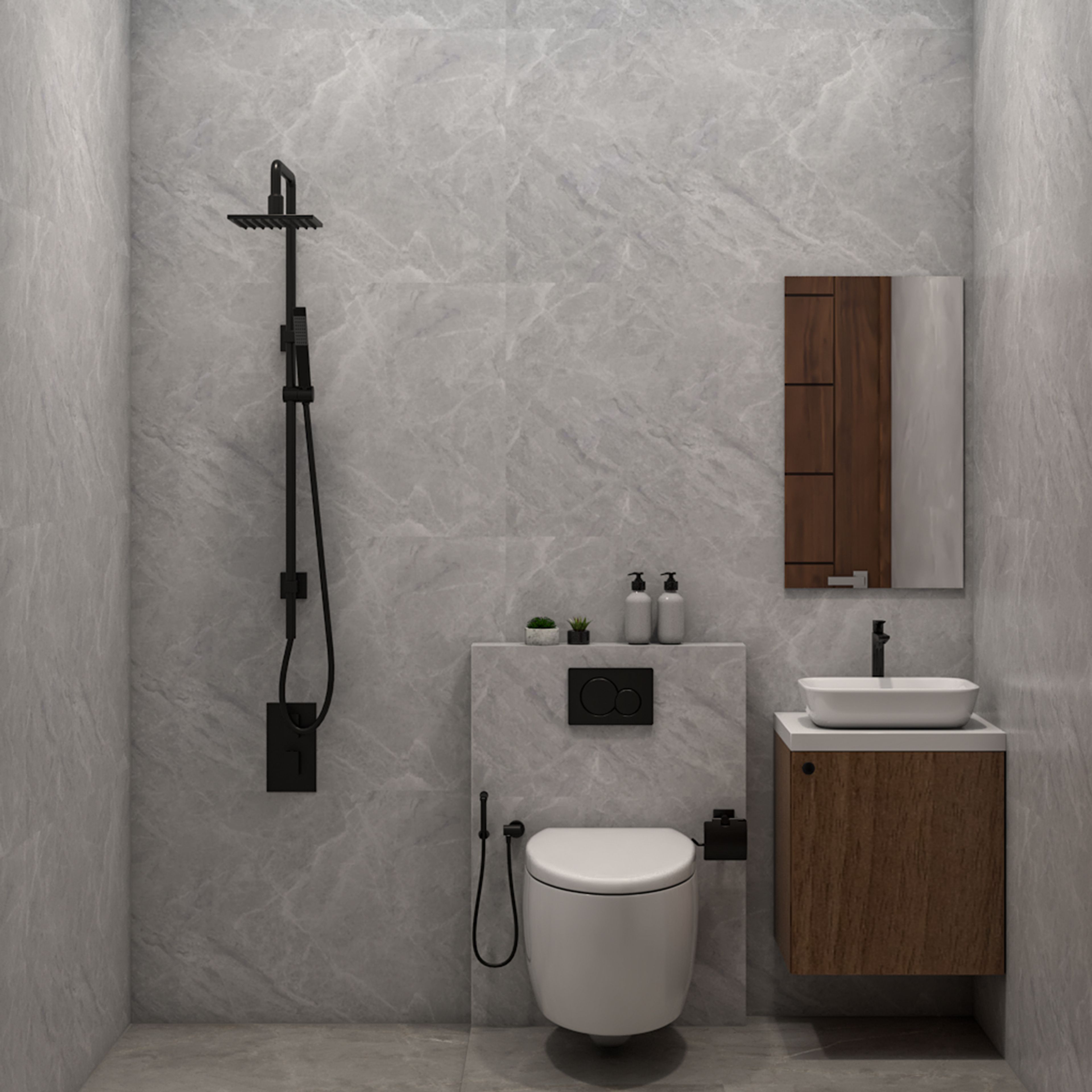 Modern Grey Bathroom Design with Floating Wood Vanity and Rectangle Mirror