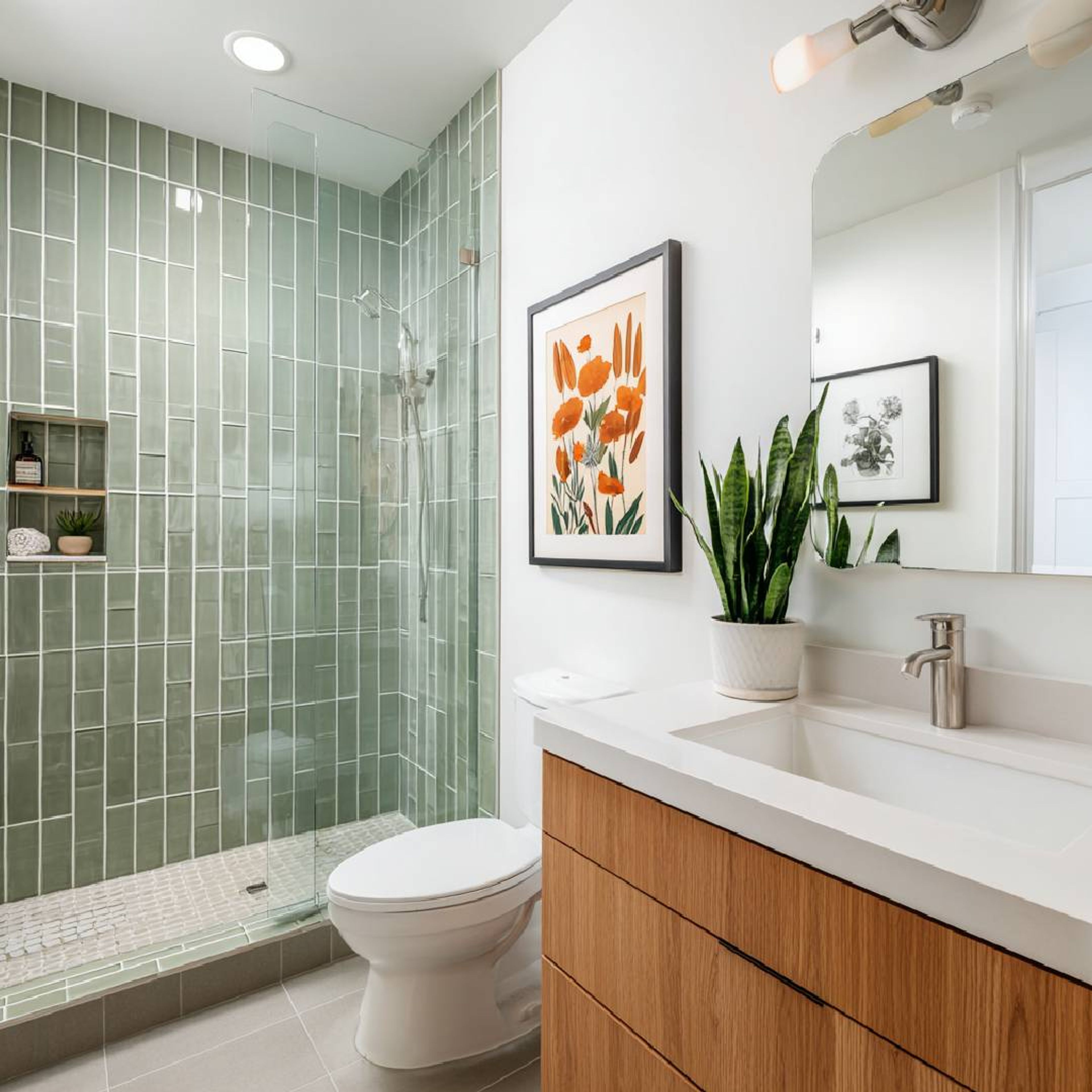 Green White Contemporary Bathroom Design with Glass Shower and Vanity