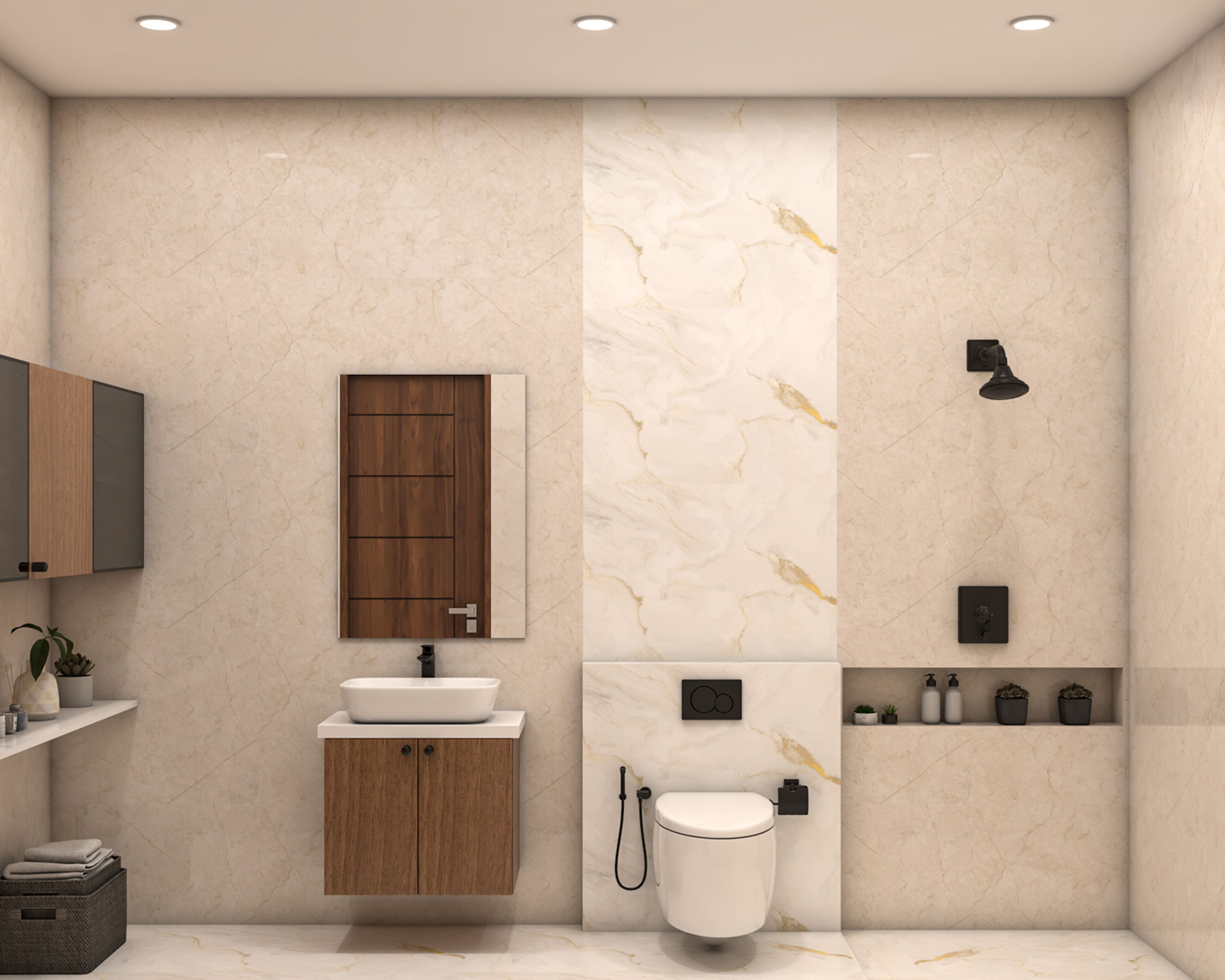 Modern Bathroom Design with Wall Hung Vanity Storage and Quartz Countertop