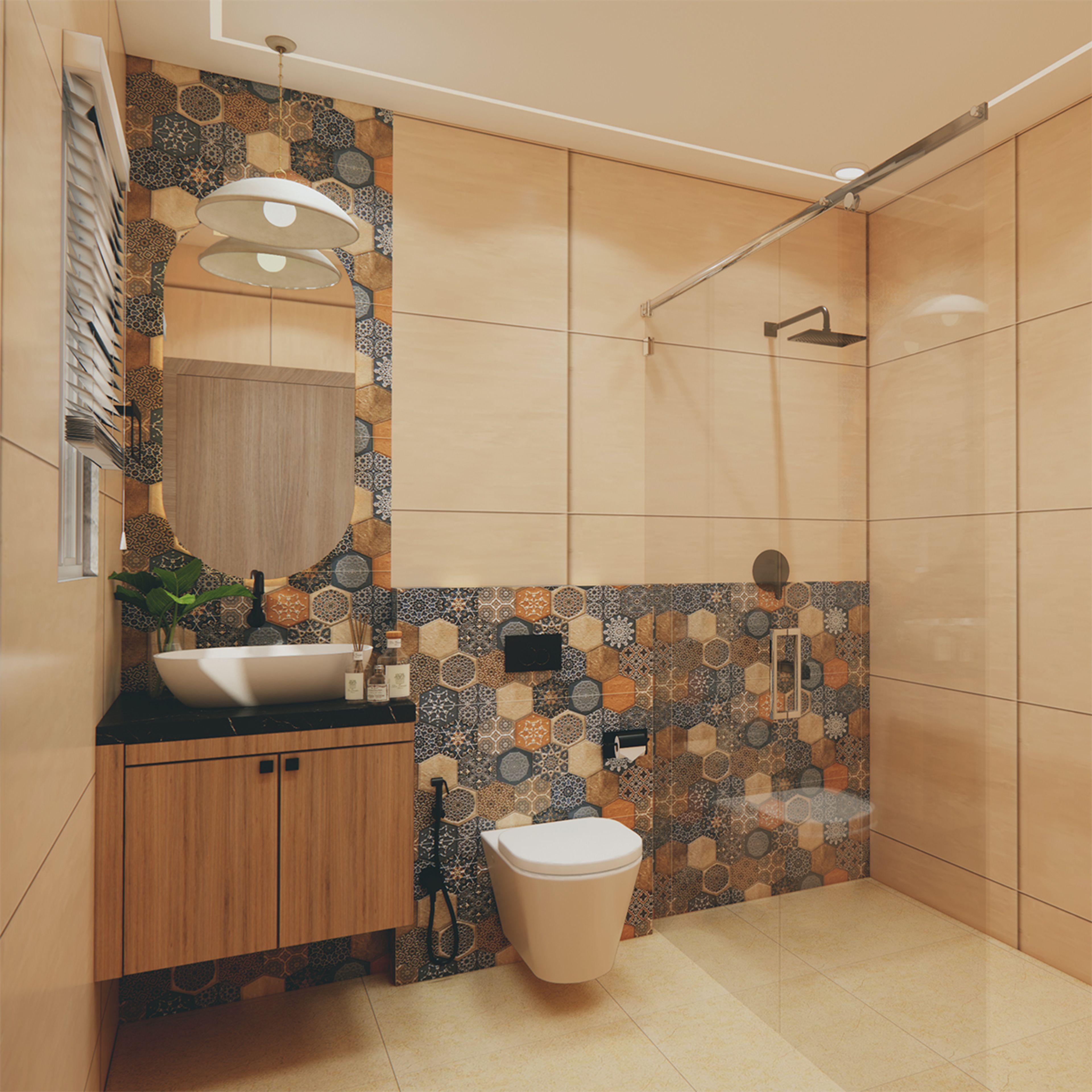 Bohemian Bathroom Design with Multicolour Hexagon Feature Tiles