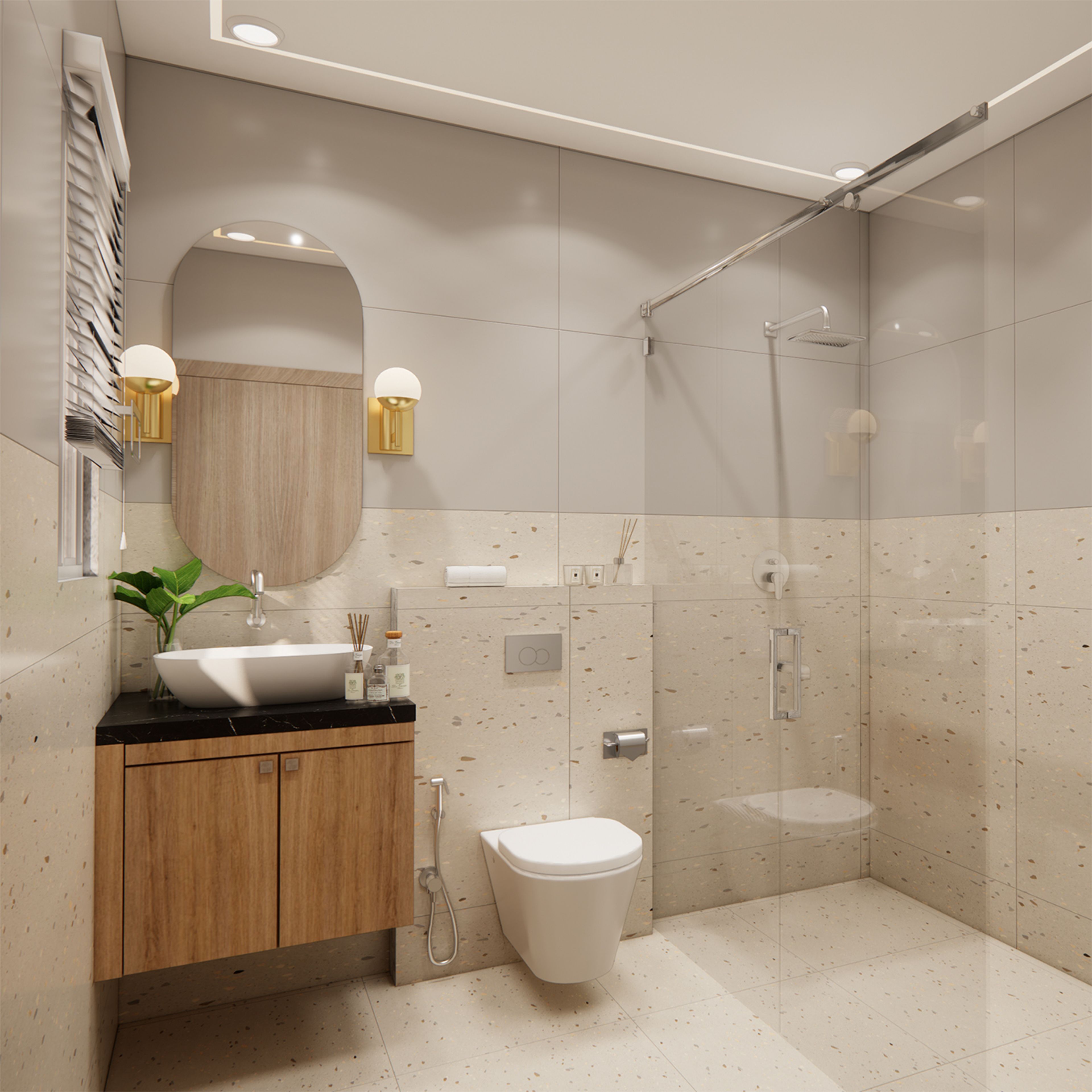 Scandinavian Bathroom Design with Beige Grey Tiles and Wood Vanity