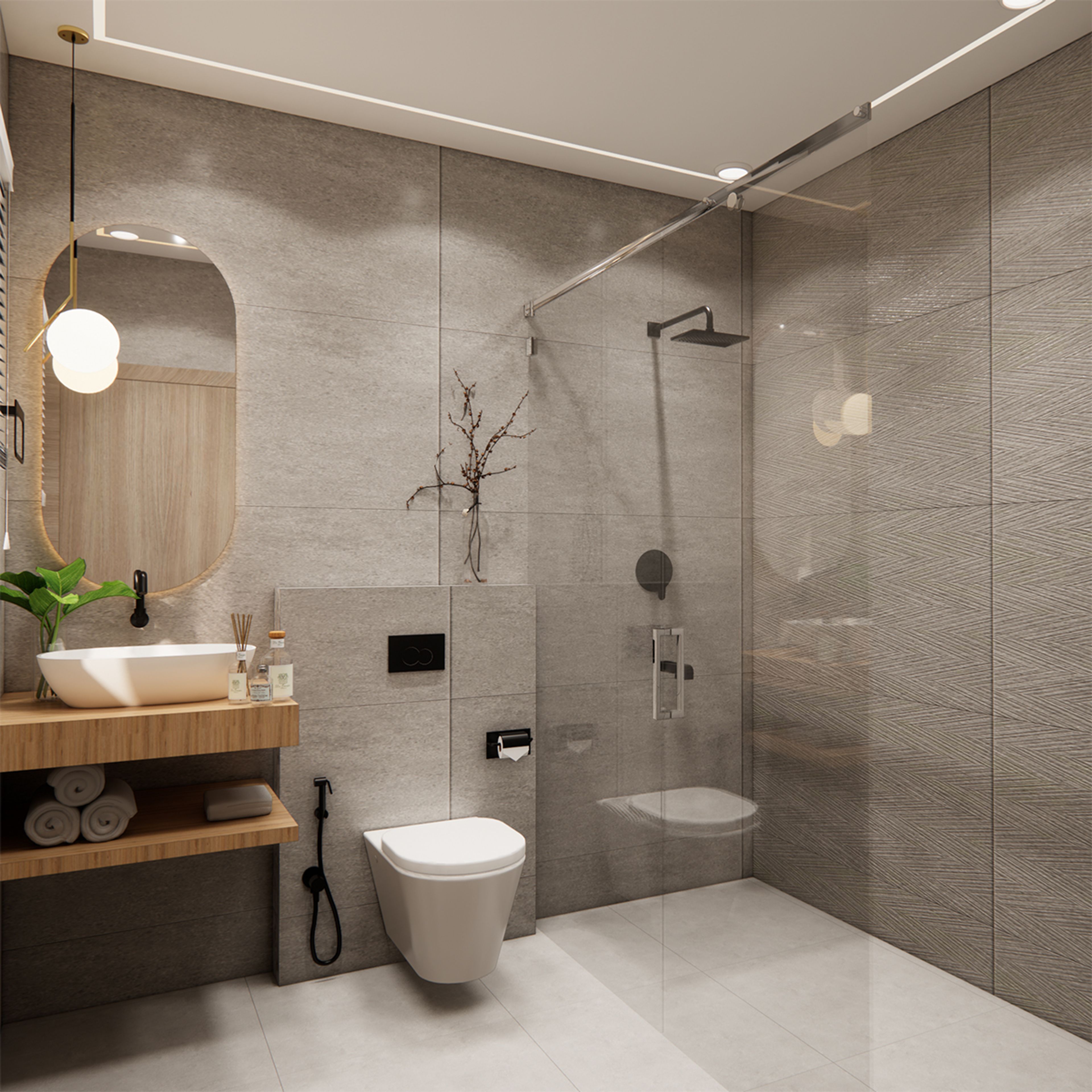 Contemporary Bathroom Design with Light  Grey Tiles and Wood Vanity