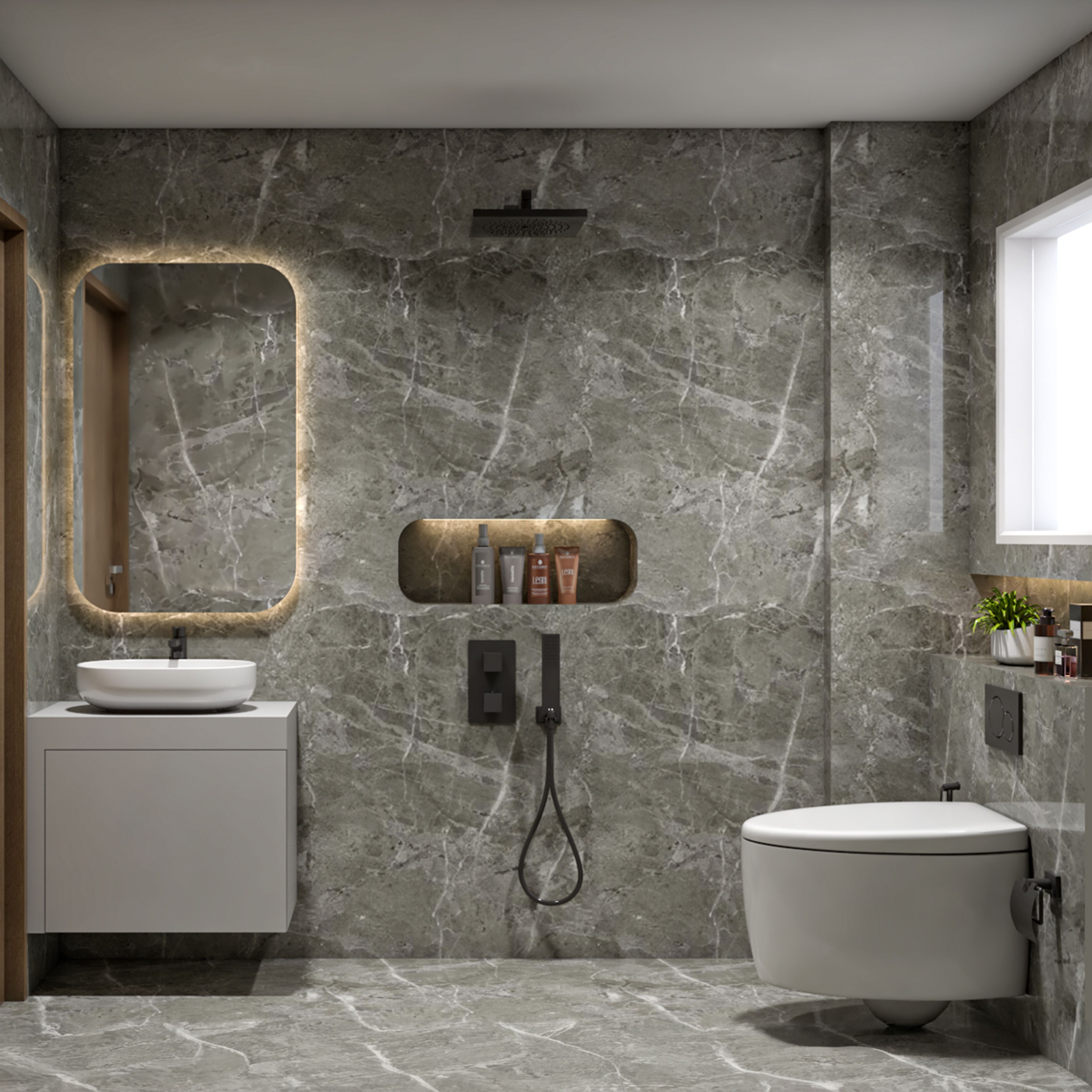 Contemporary Bathroom Design with Grey Marble Walls and Floating Vanity