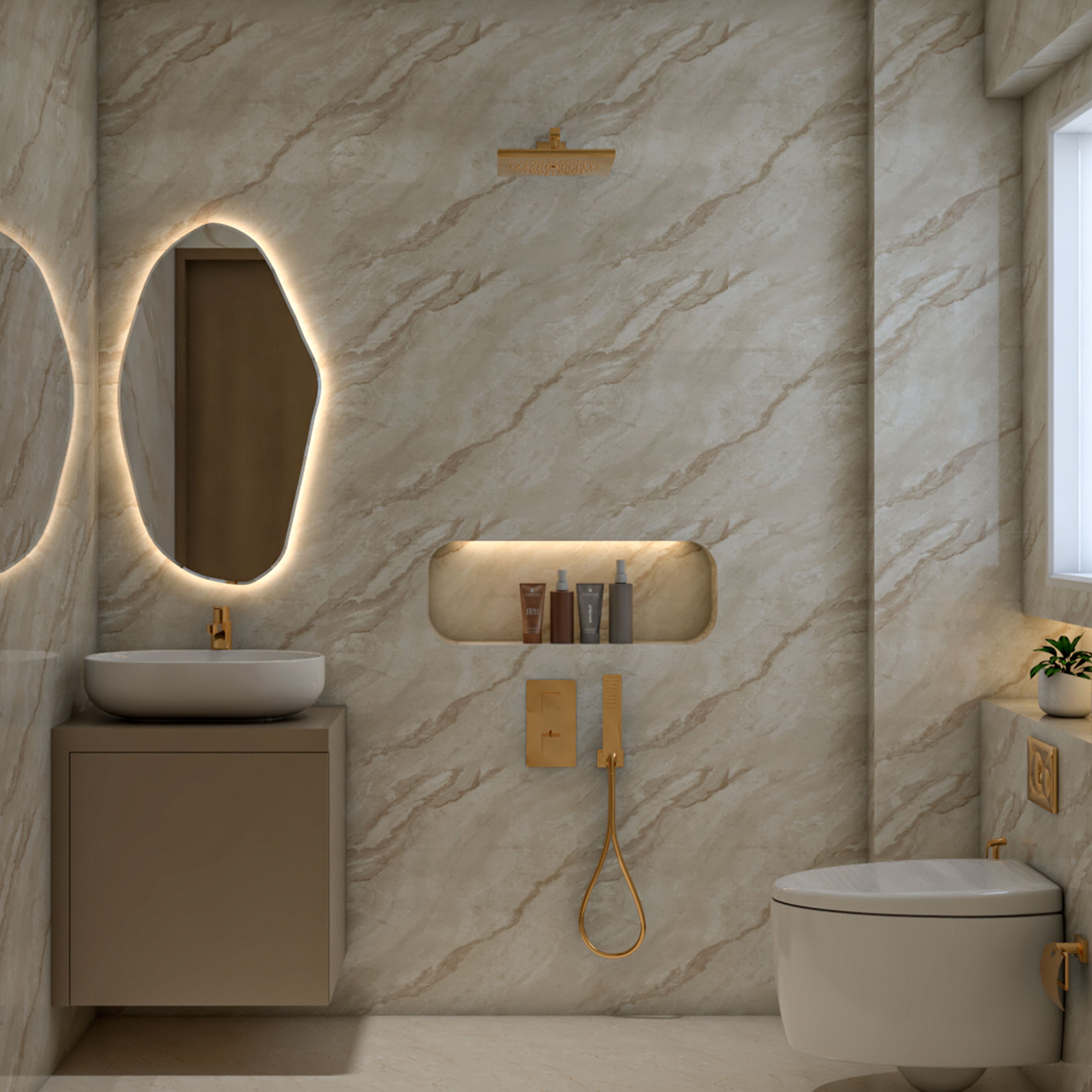 Modern Bathroom Design with Beige Tiles and Sculptural Oval Mirror
