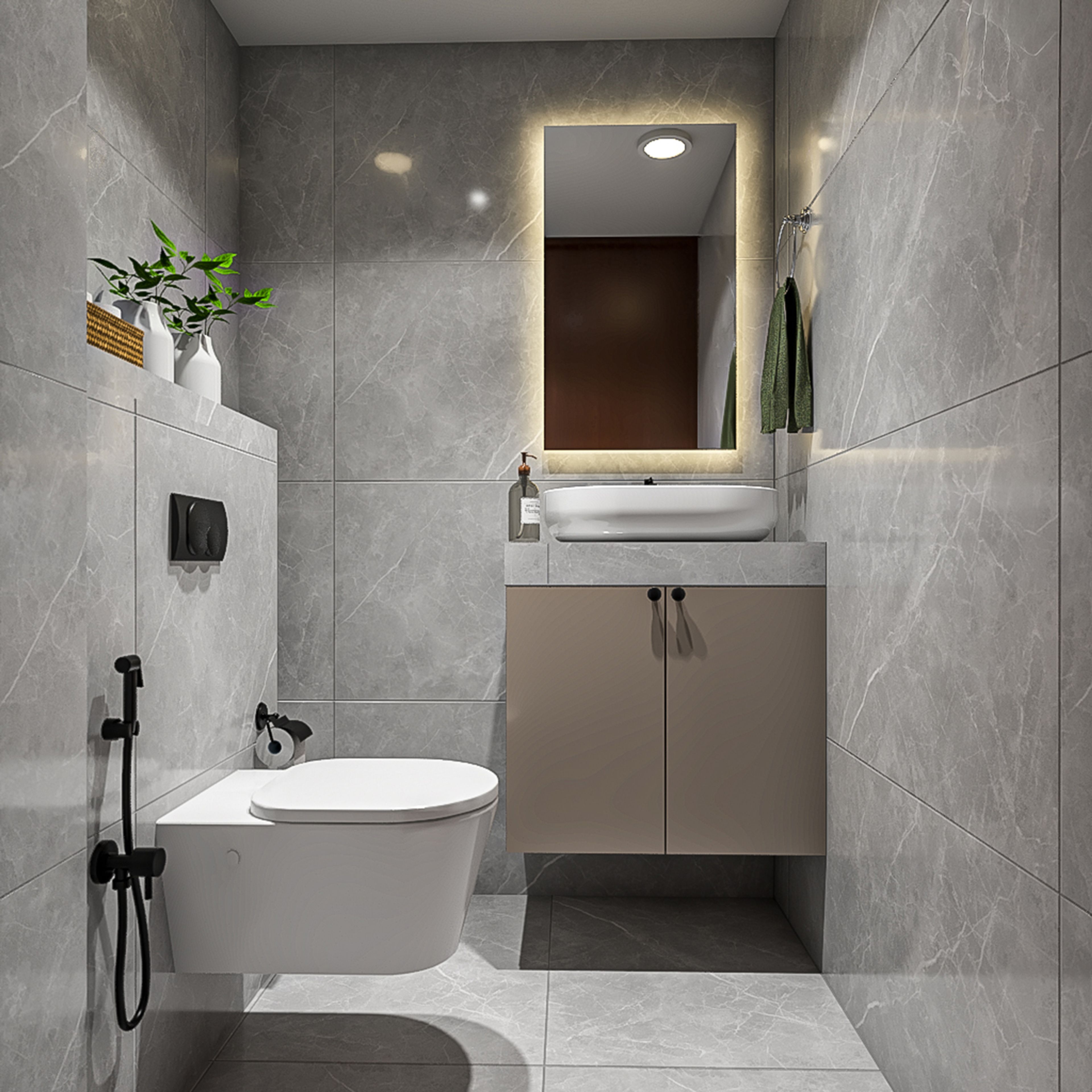 Modern Bathroom Design with Grey Marble Tiles and Floating Vanity