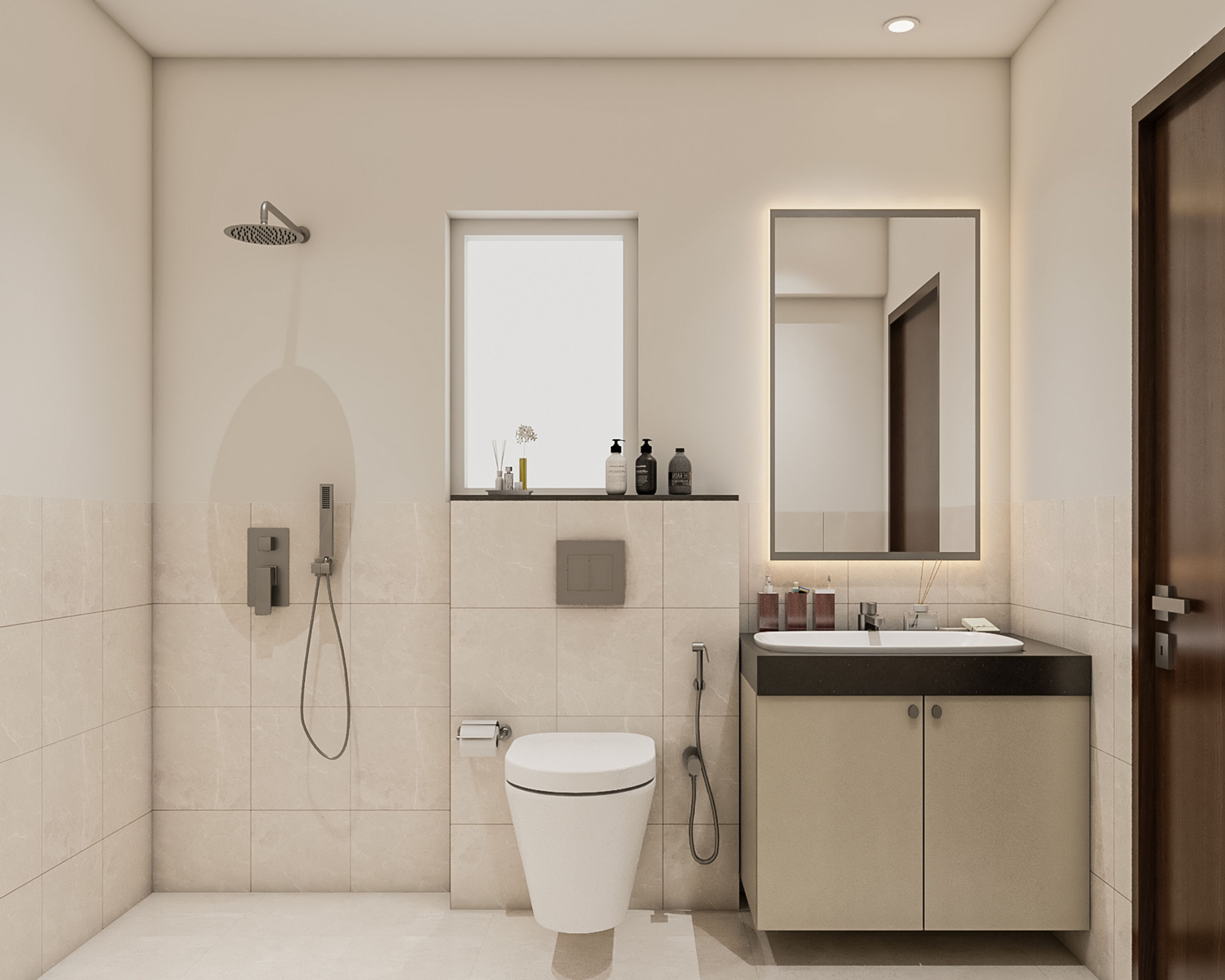 Modern Bathroom Design with Beige Tiles Floating Vanity and Granite Counter