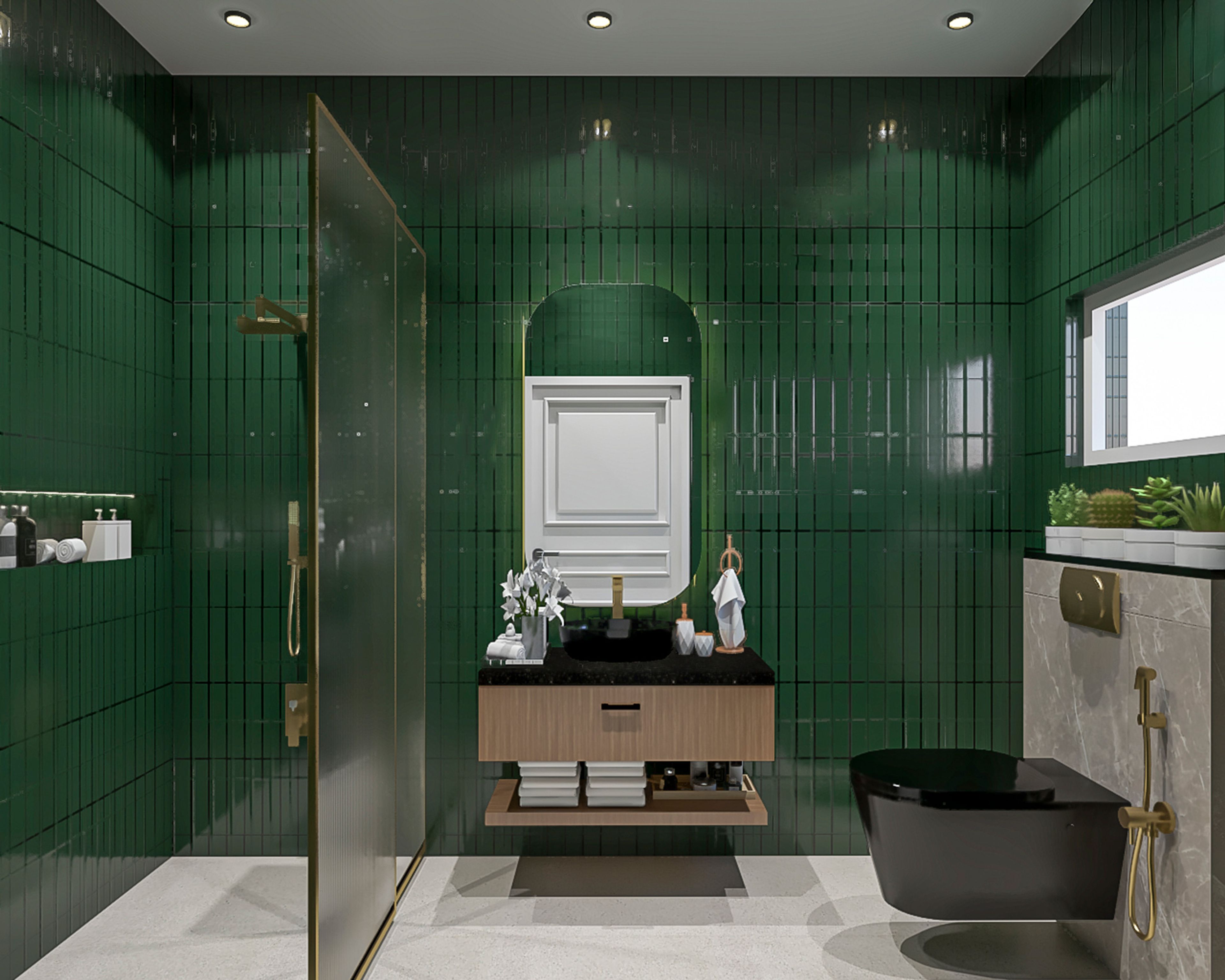 Contemporary Bathroom Design with Green Tiles and Wooden Vanity