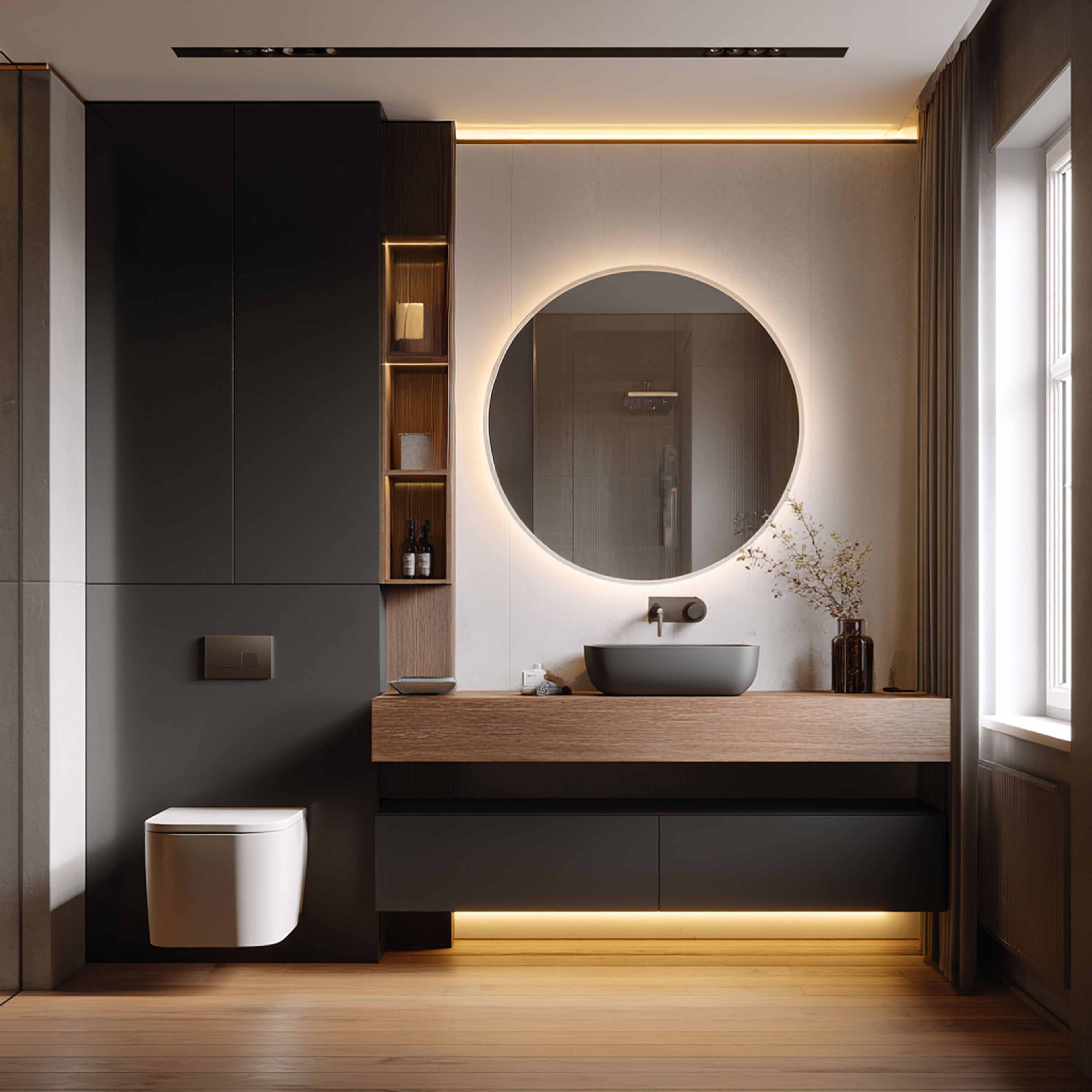 Modern White and Dark Grey Bathroom Design with Floating Vanity and Tall Storage