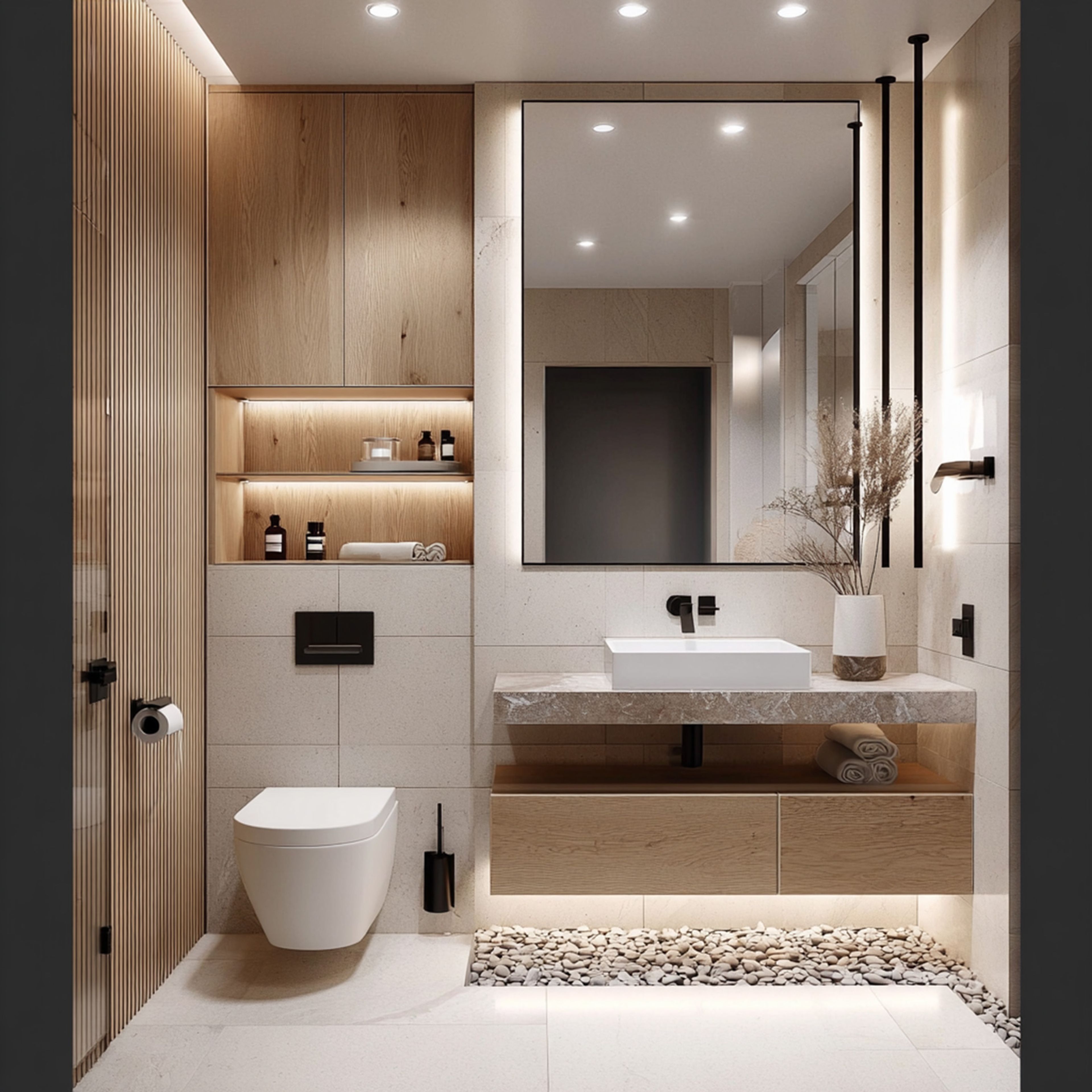 Off-Whiite Scandinavian Bathroom Design with Floating Vanity and Open Shelf Storage