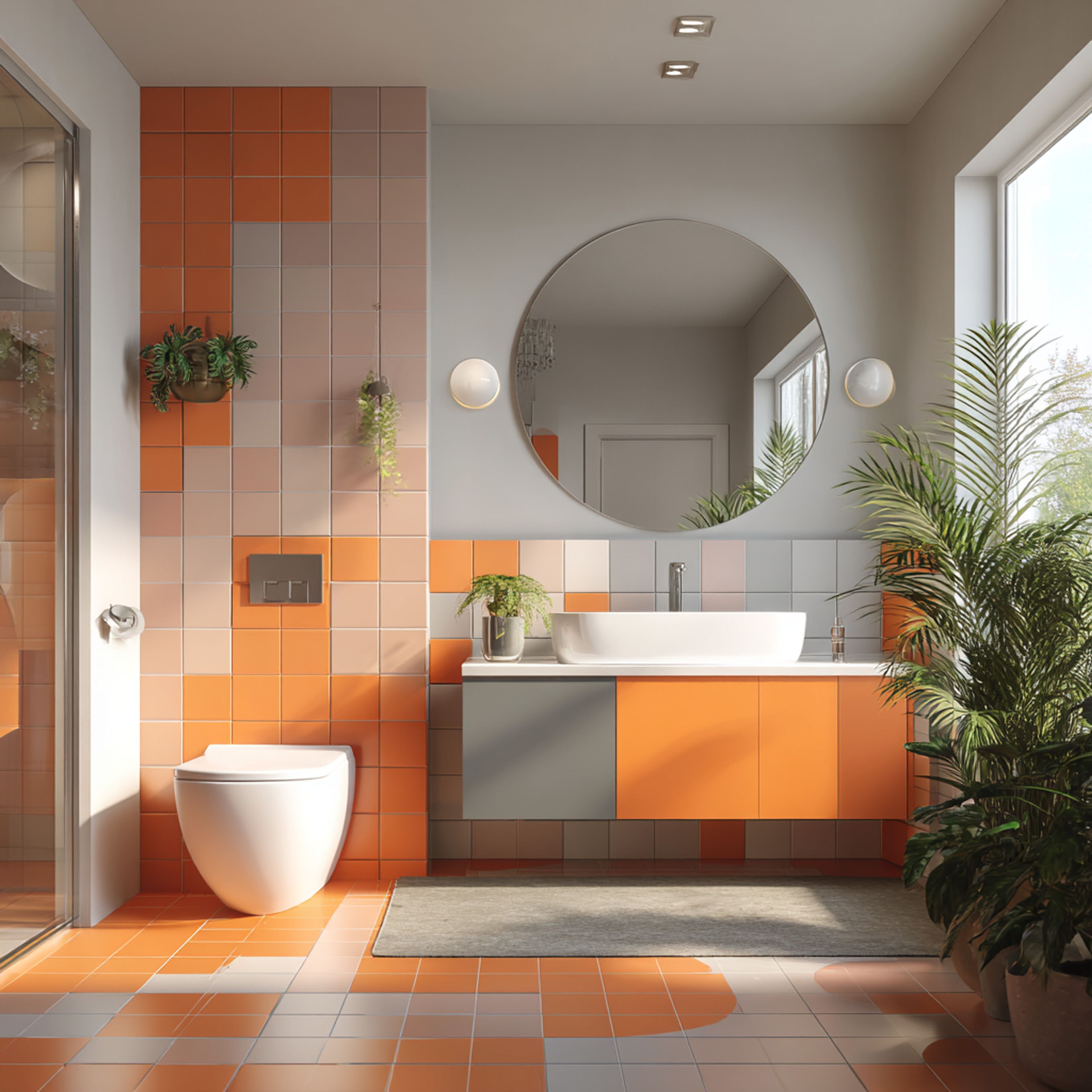 Orange Contemporary Bathroom Design with Floating Vanity and Round Mirror