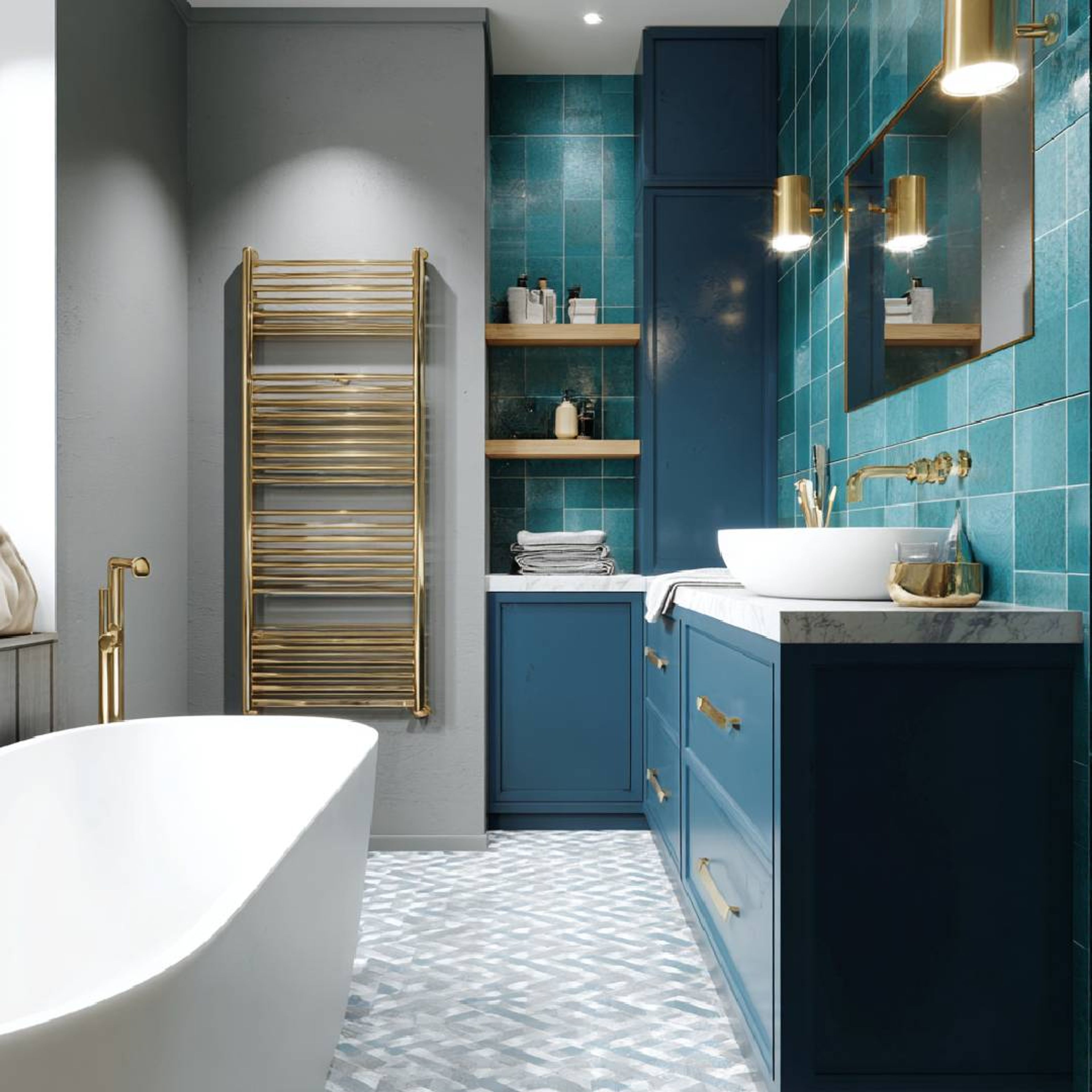 Contemporary Bathroom Design with Turquoise Tiles and Vanity Storage