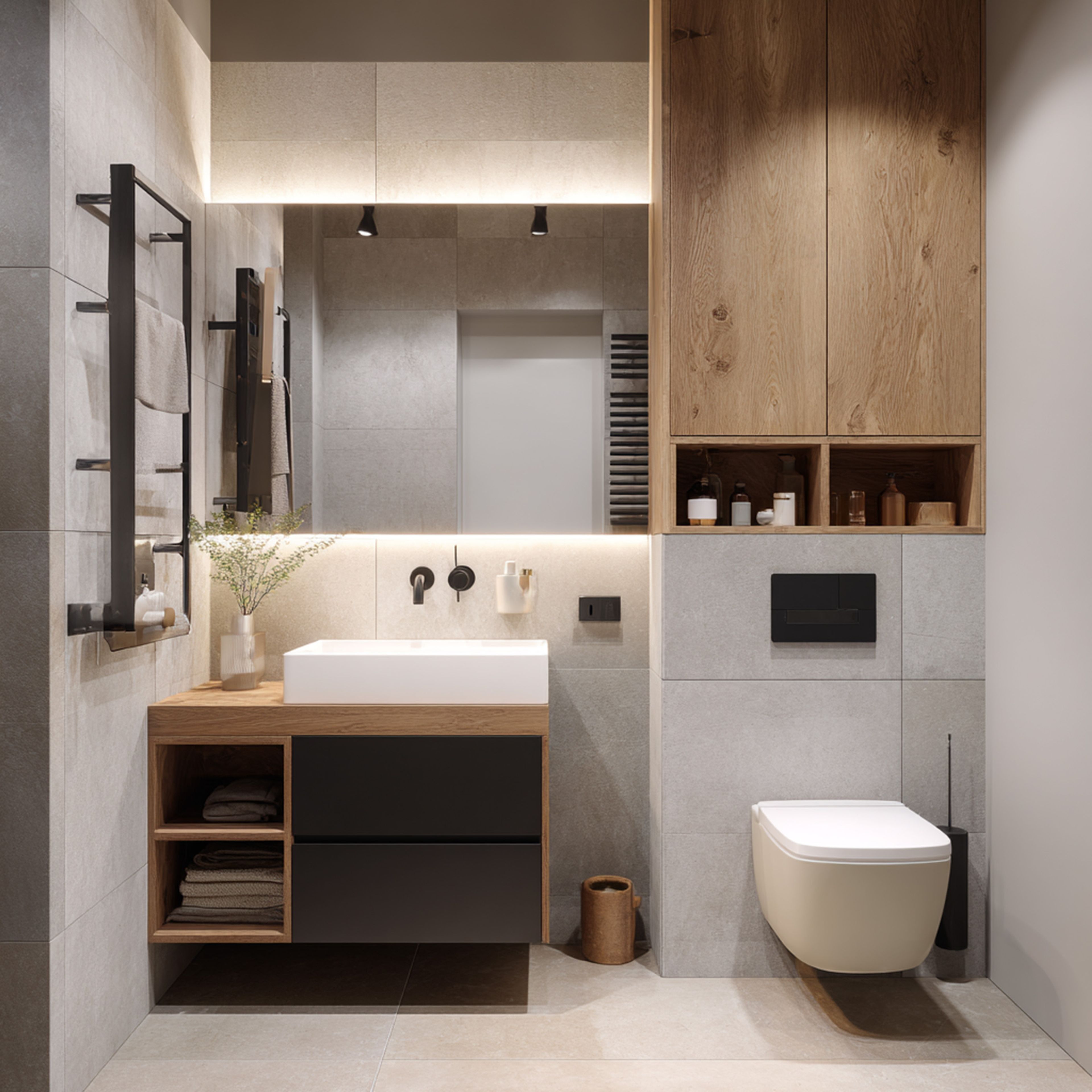 Contemporary Grey Bathroom Design with Floating Vanity and Storage Shelves