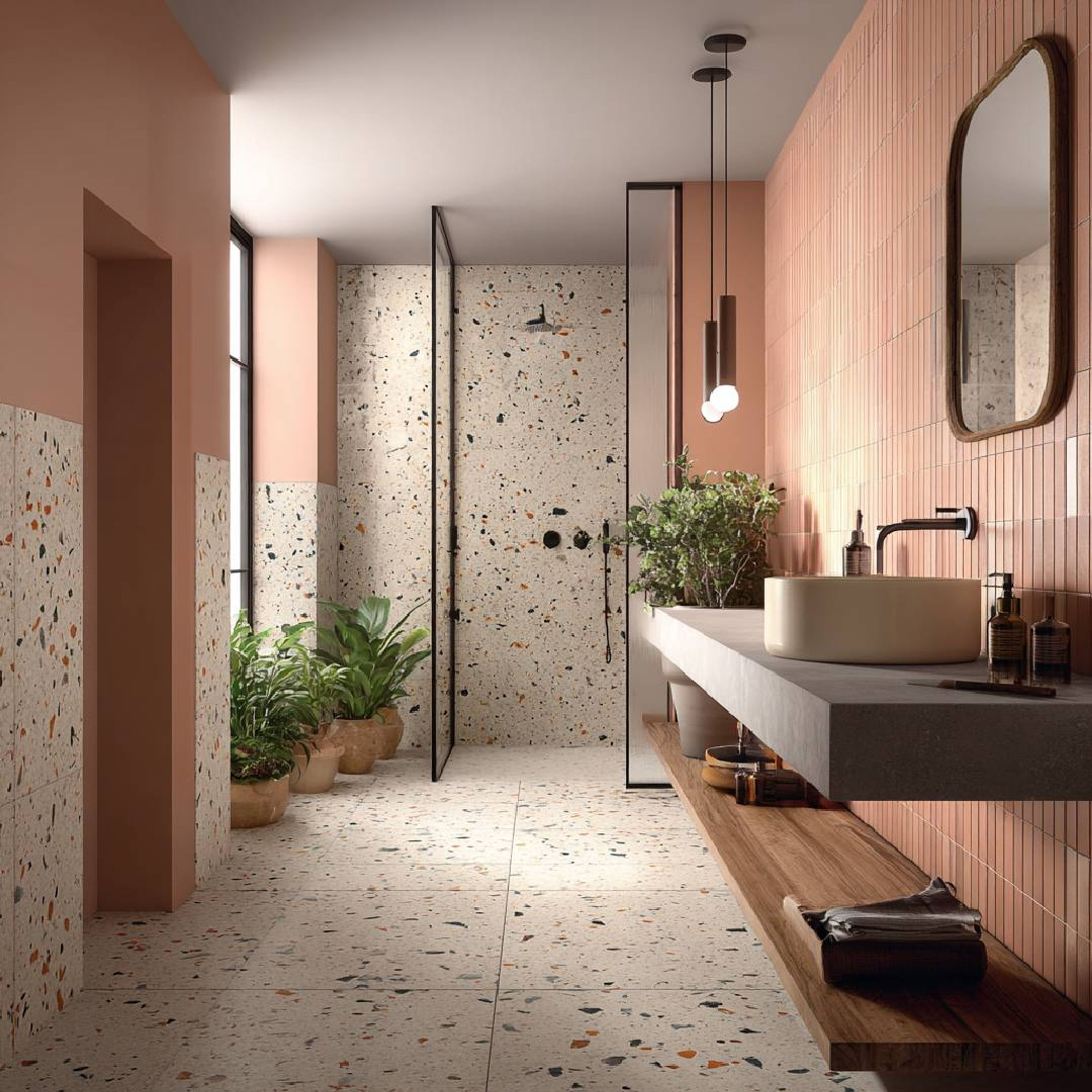 Modern Terrazzo Multicolor Bathroom Design with Ledge Vanity Storage