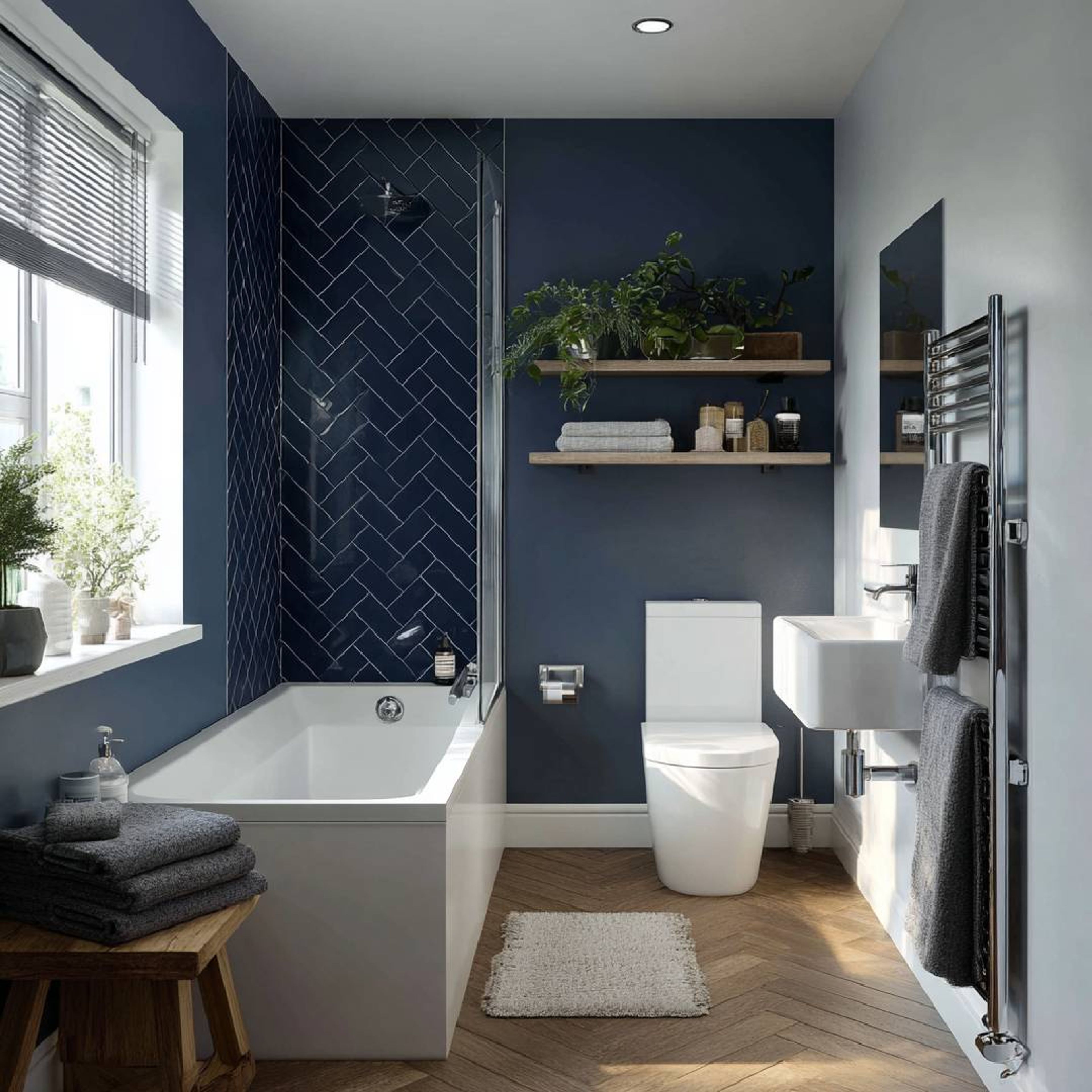Contemporary Bathroom Design with Navy Tiles and Built In Bathtub