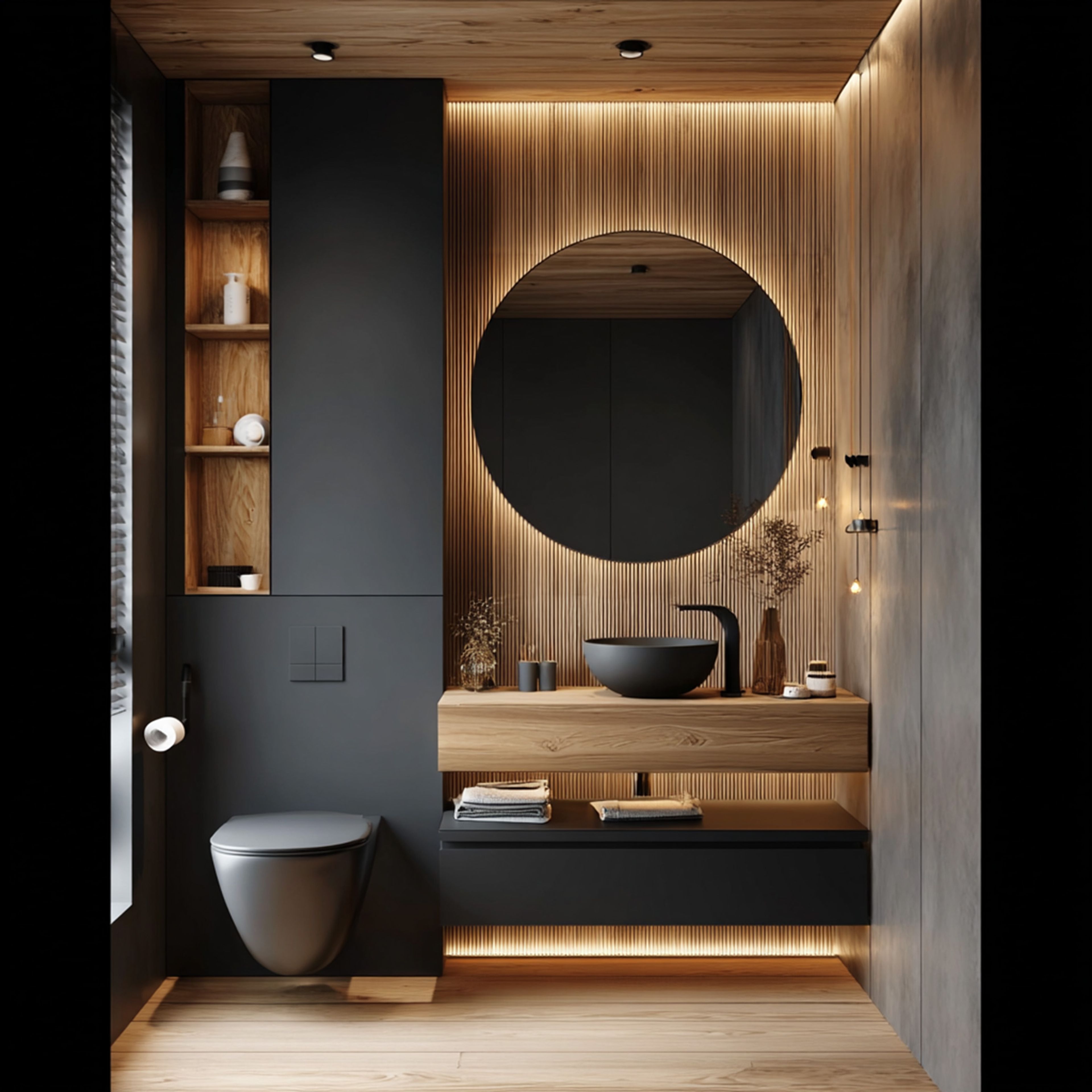 Industrial Bathroom Design with Floating Wood Vanity and Round Mirror