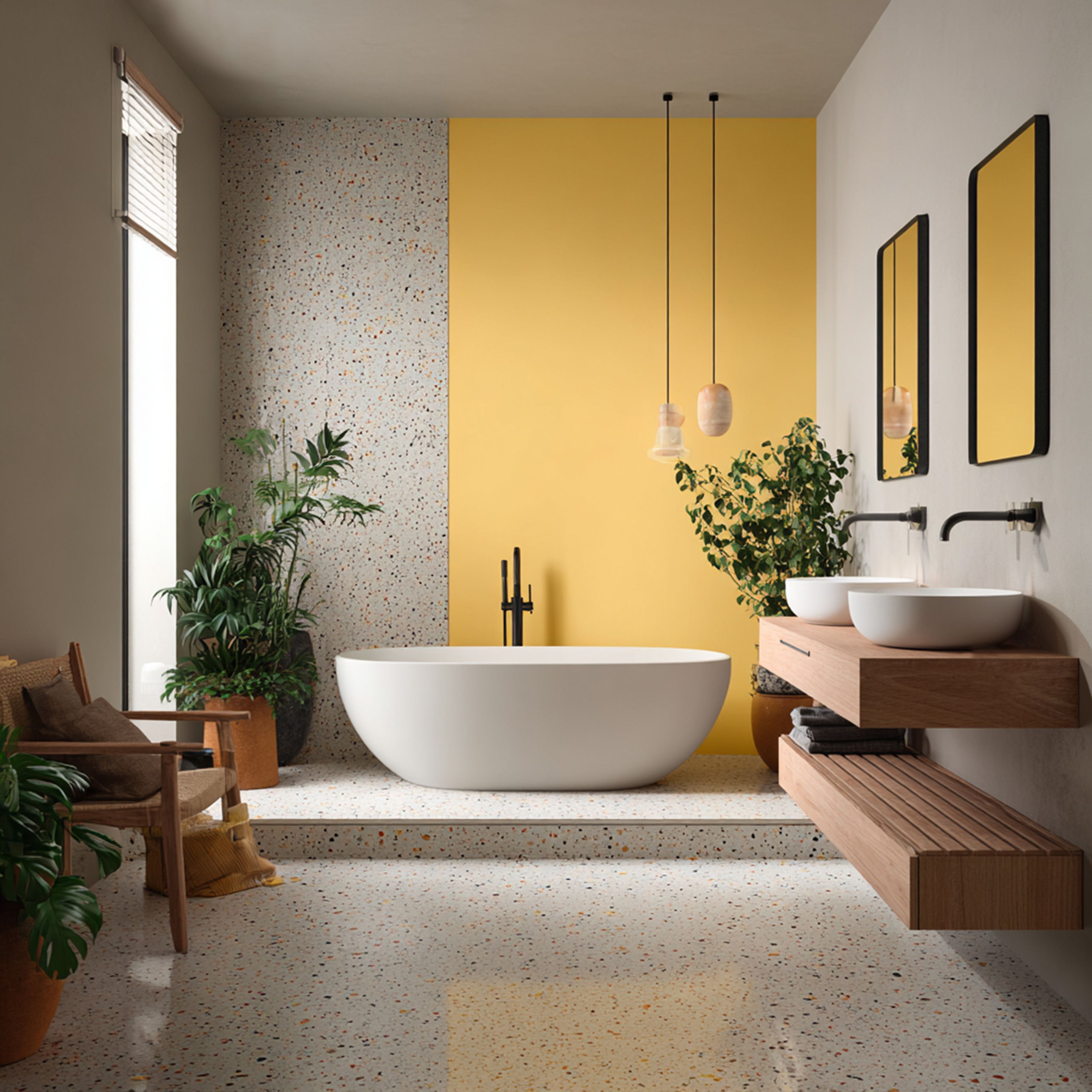 Contemporary Double Vanity Bathroom Design with Wooden Countertop Storage