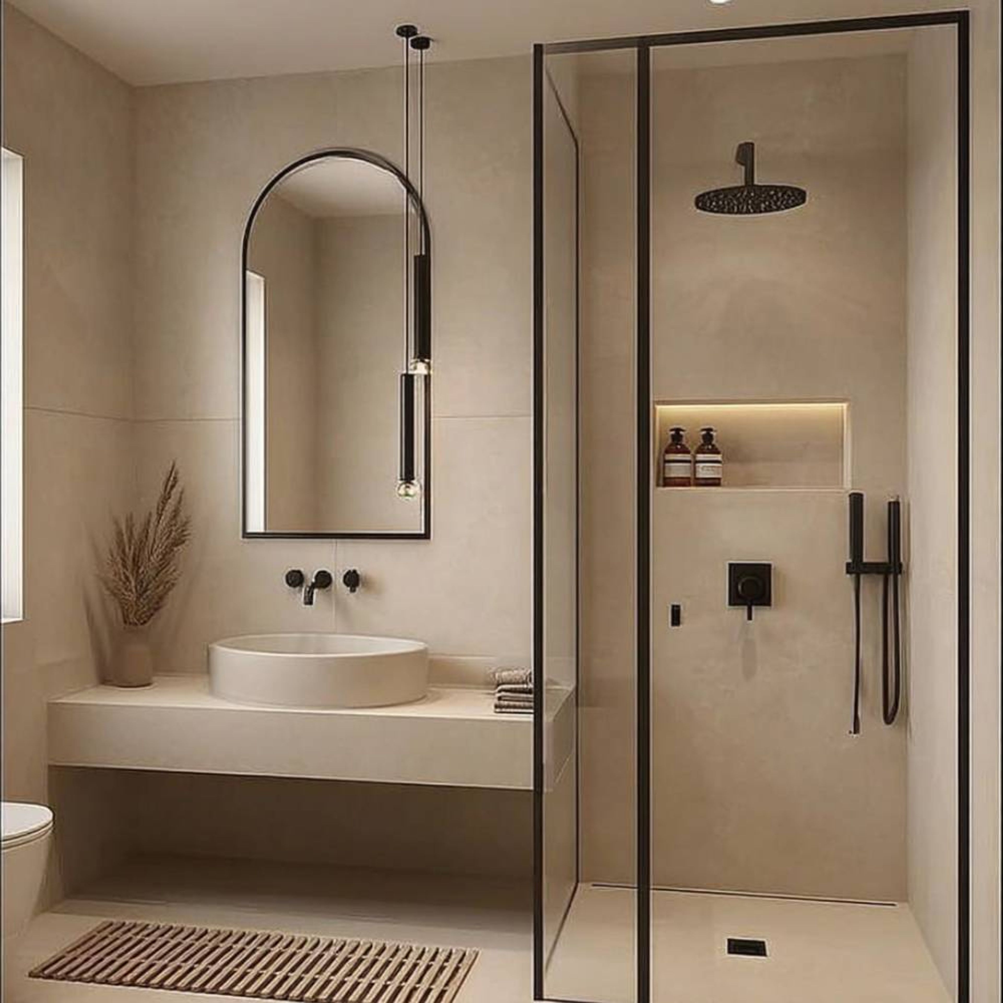 Modern Bathroom Design with Glass Shower Partition and Curved Mirror