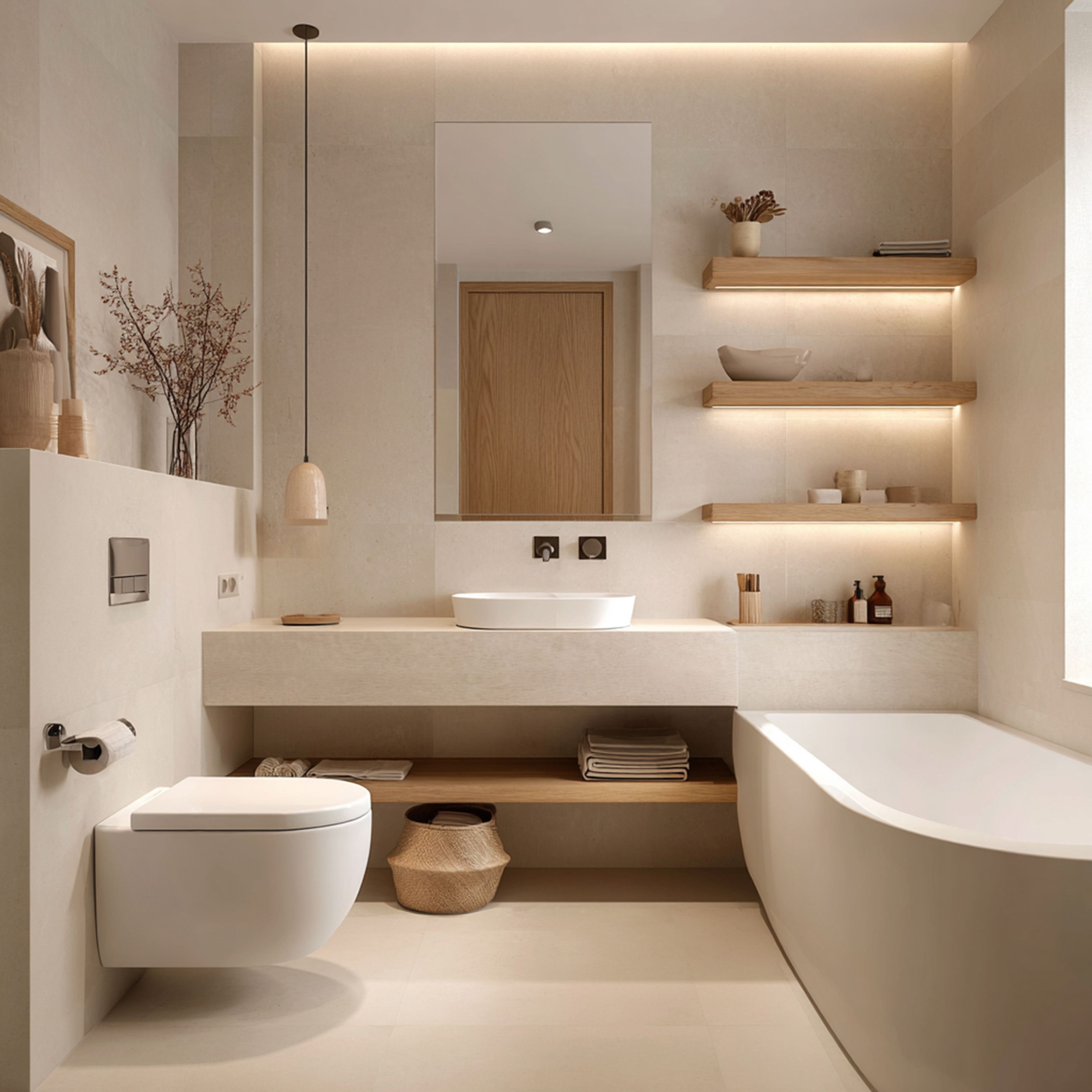Minimal Beige Bathroom Design with Floating Vanity and Display Shelves