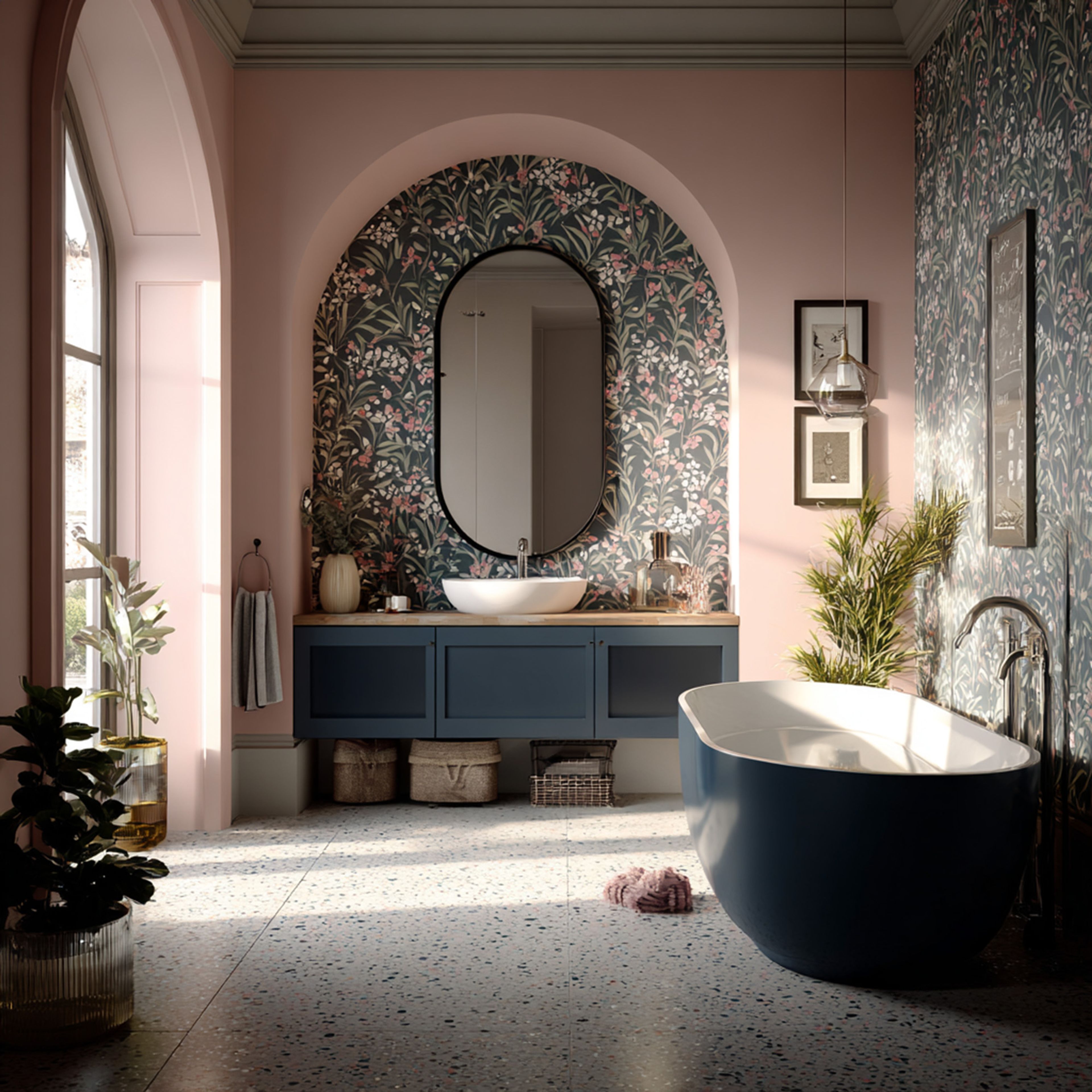 Modern Eclectic Bathroom Design with Navy Vanity and Oval Mirror
