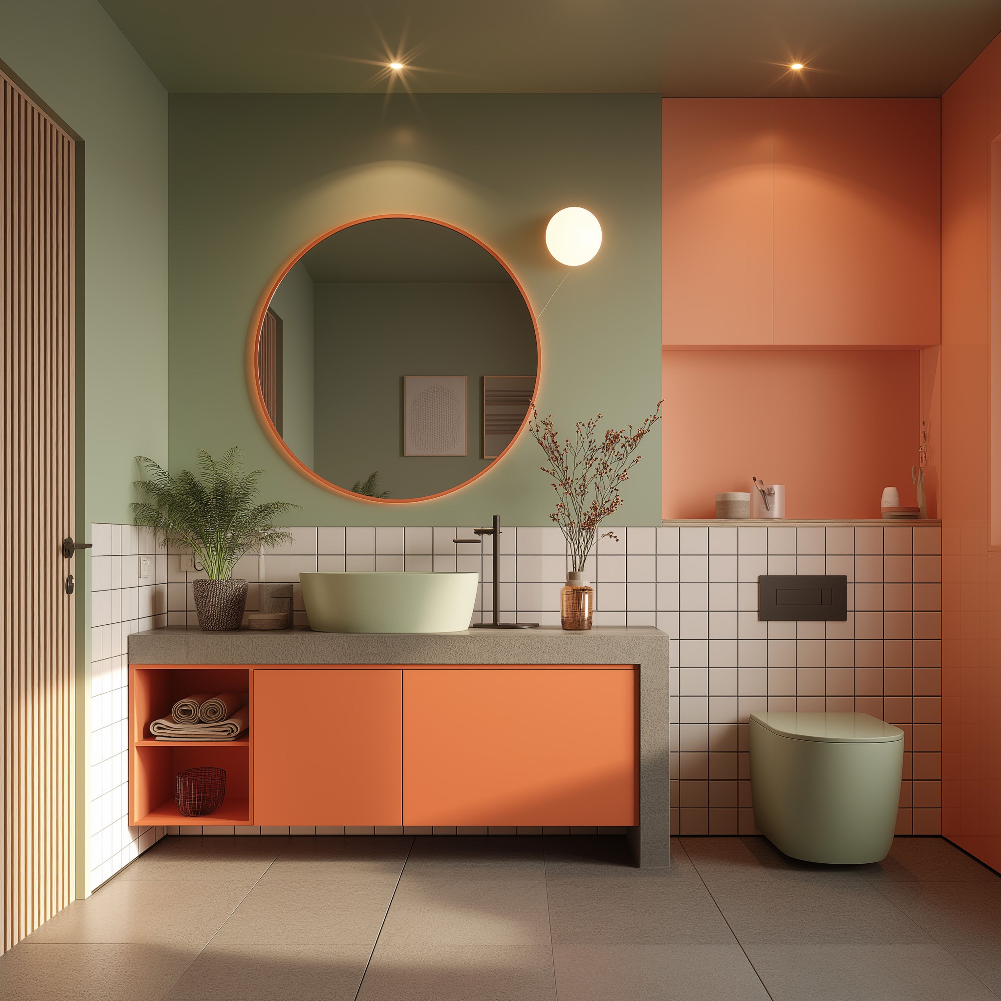 White Tiles Contemporary Bathroom Design with Peach and Green Contrast