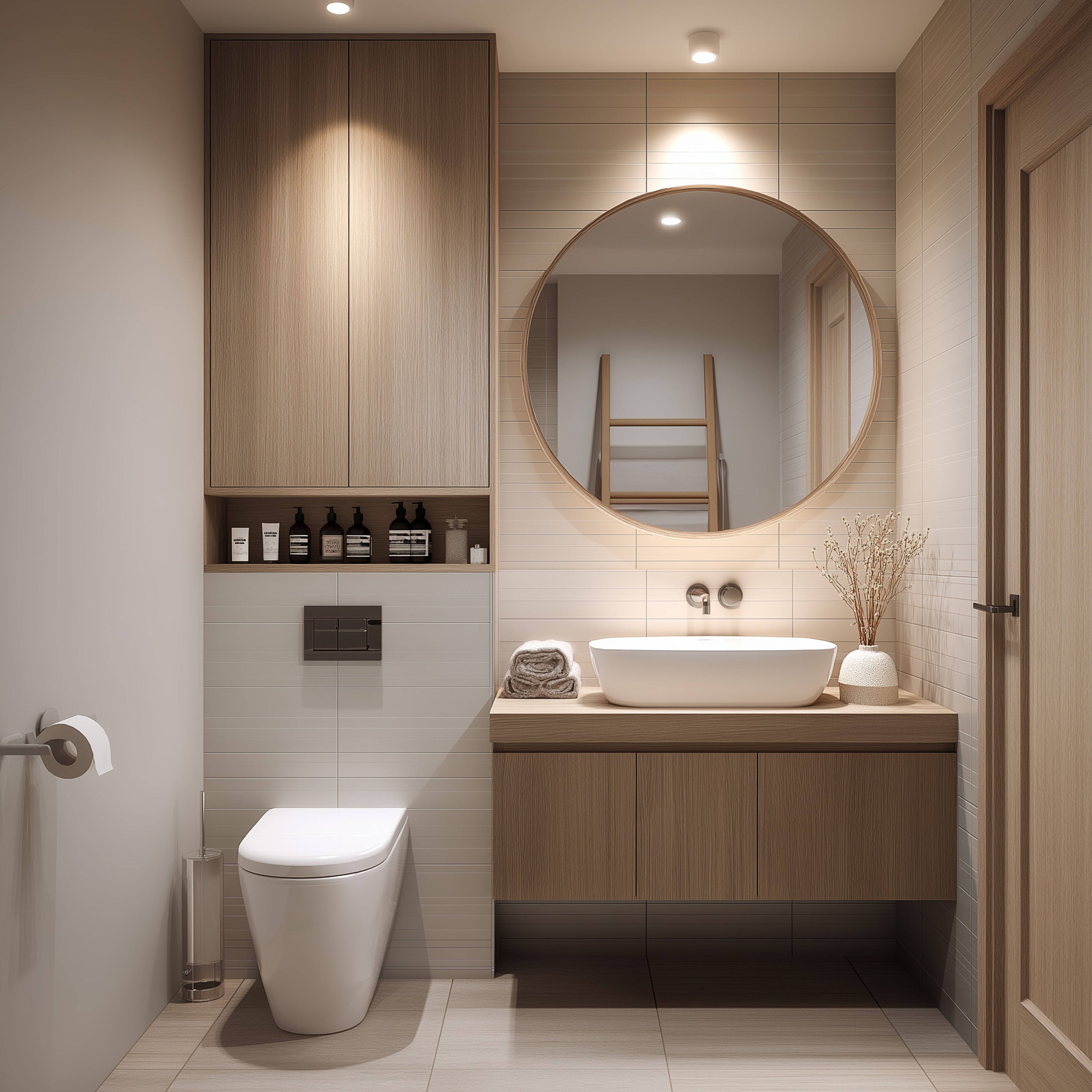 Minimal Off-White Tiles Bathroom Design with Wooden Vanity and Round Mirror