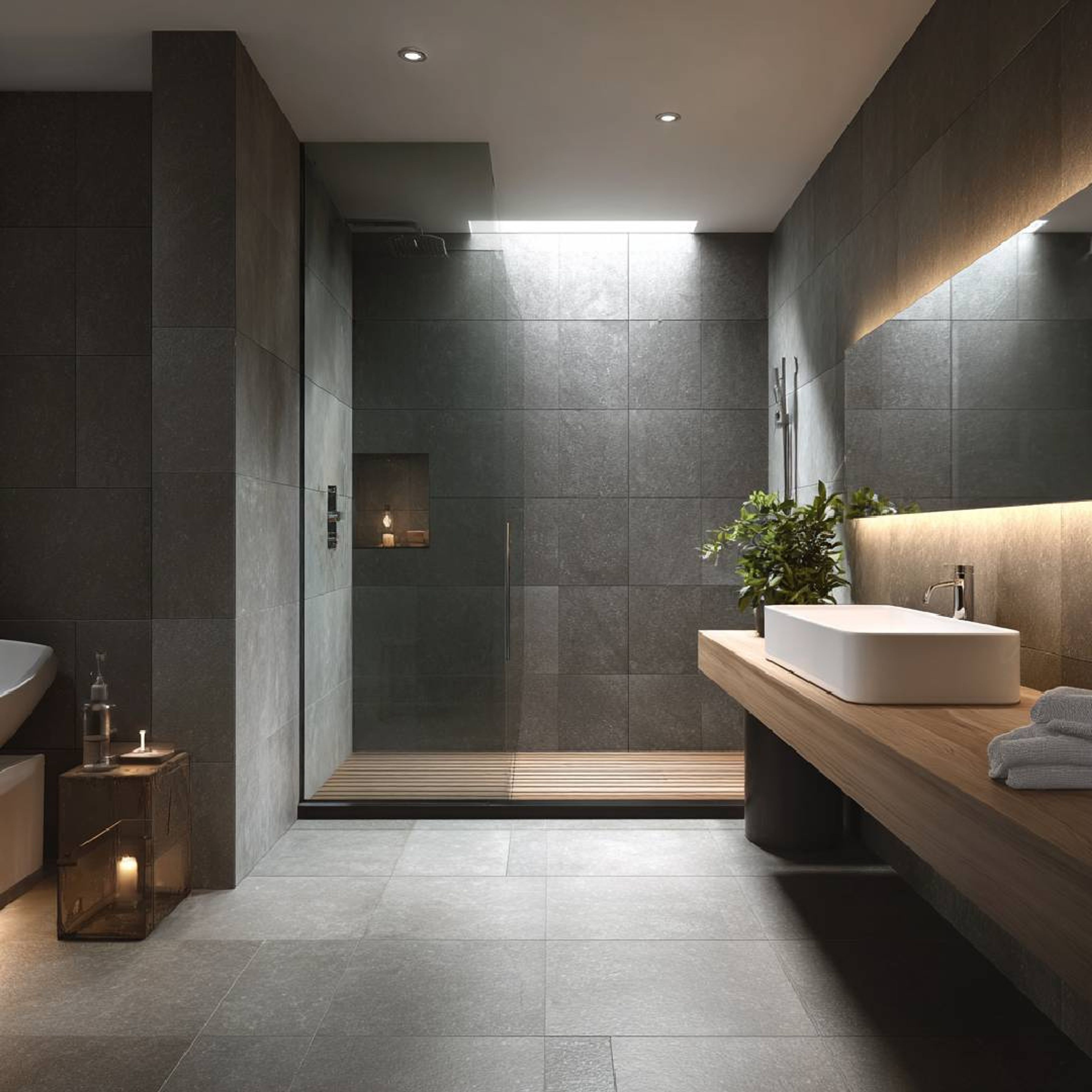 Grey Modern Bathroom Design with Round Mirror and Drawer Vanity Storage