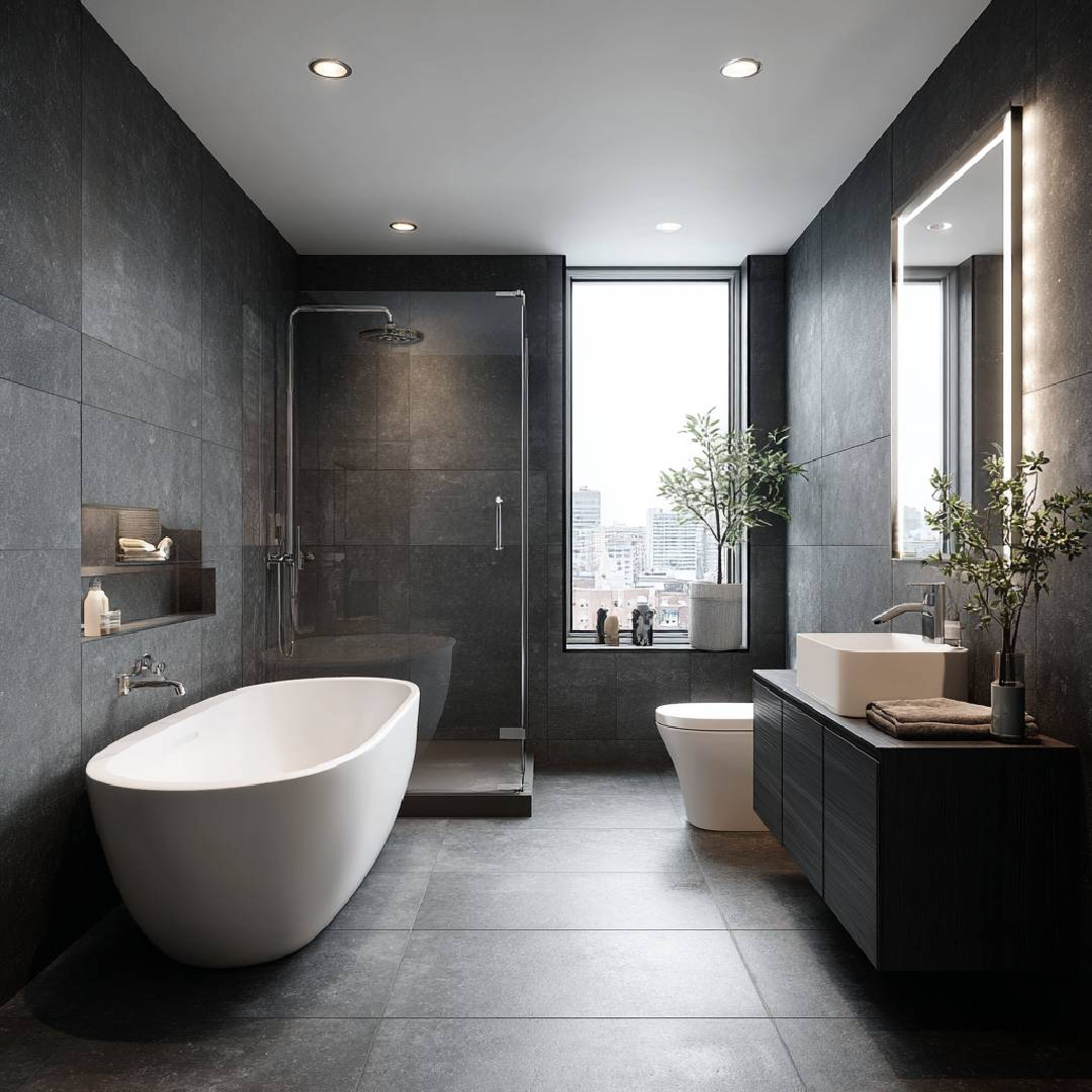 Grey and Black Texture Tiles Modern Bathroom Design with Bathtub and Glass Shower