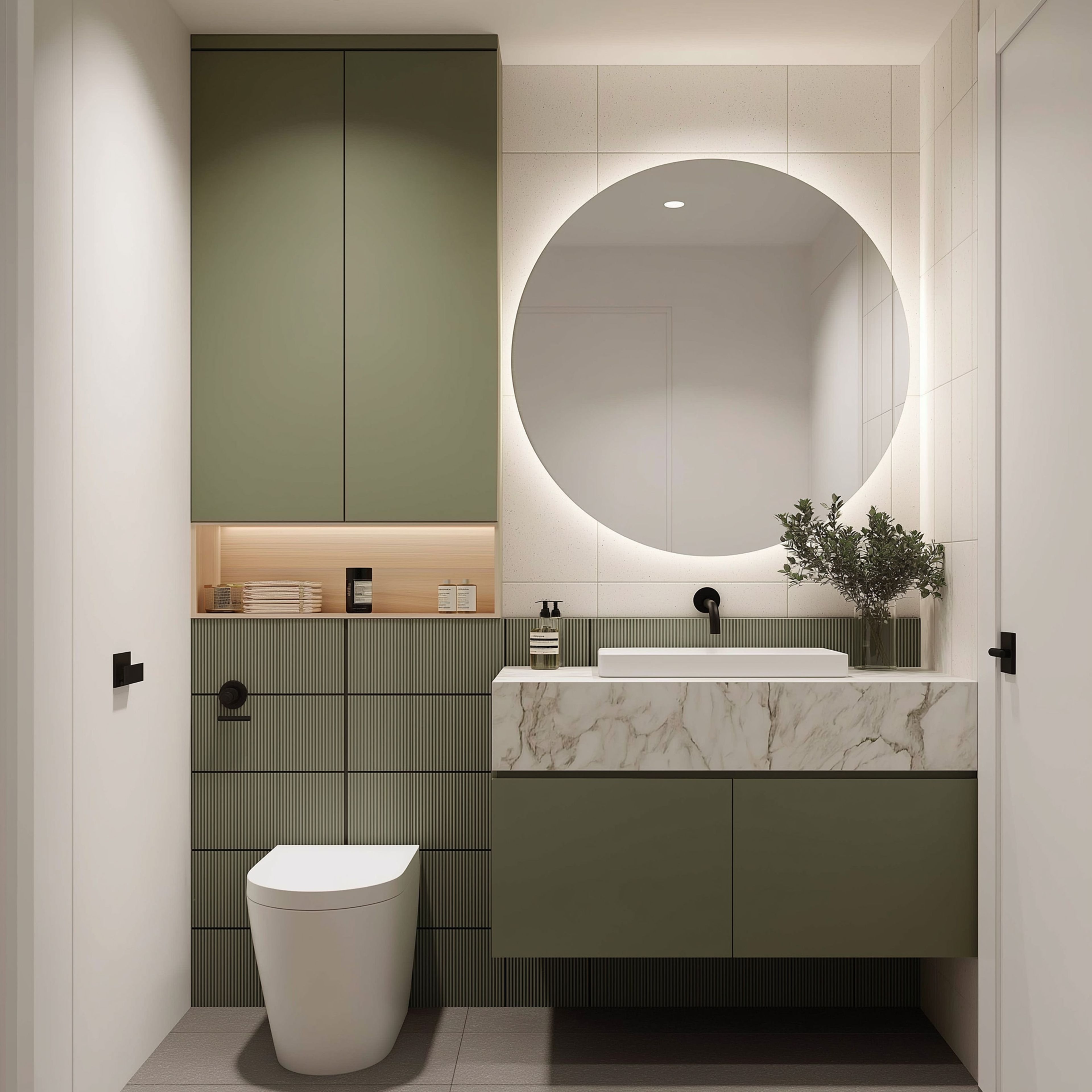 Minimal Green and White Bathroom Design with Floating Vanity Storage