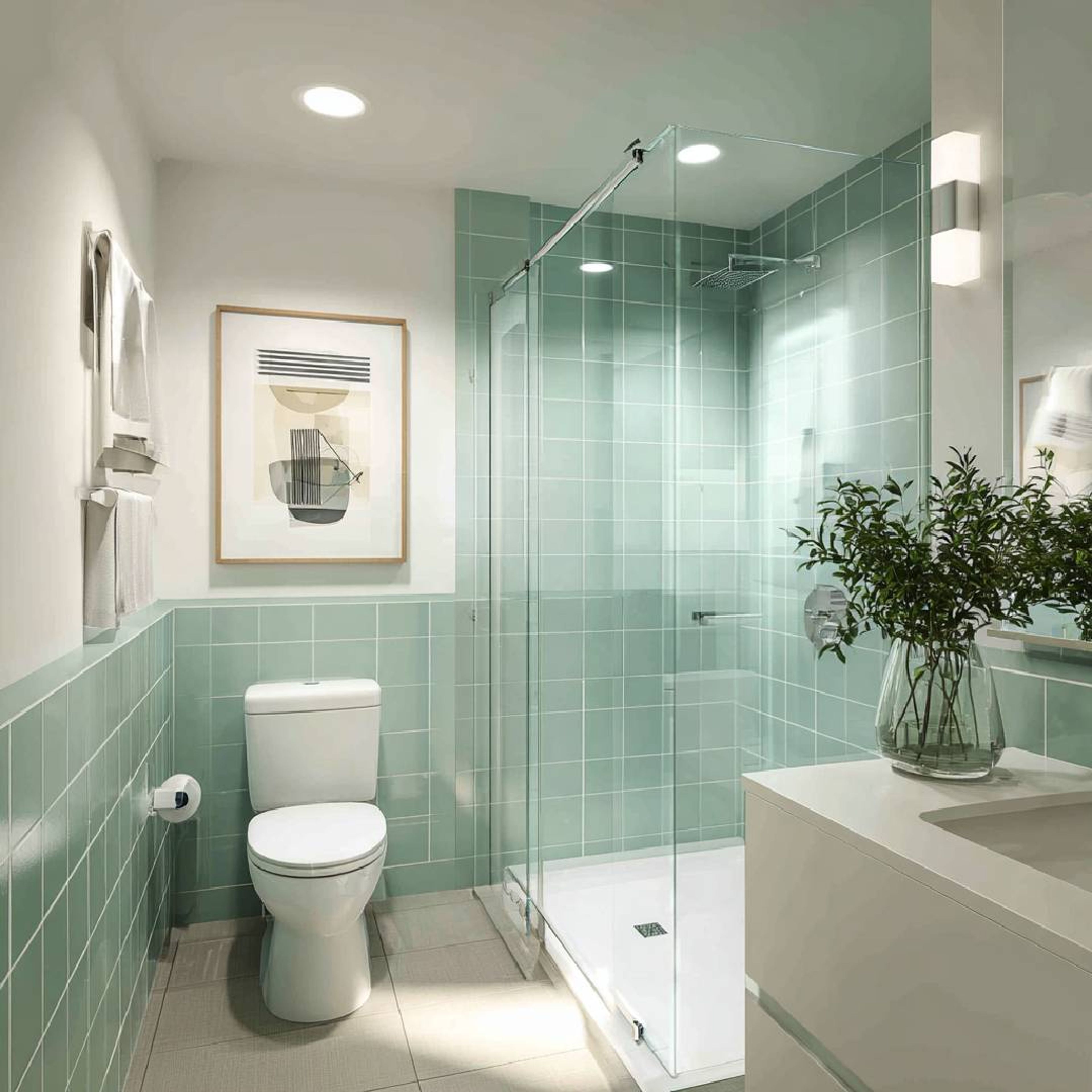 Modern Bathroom Design with Aqua Green Tiles and Glass Partition