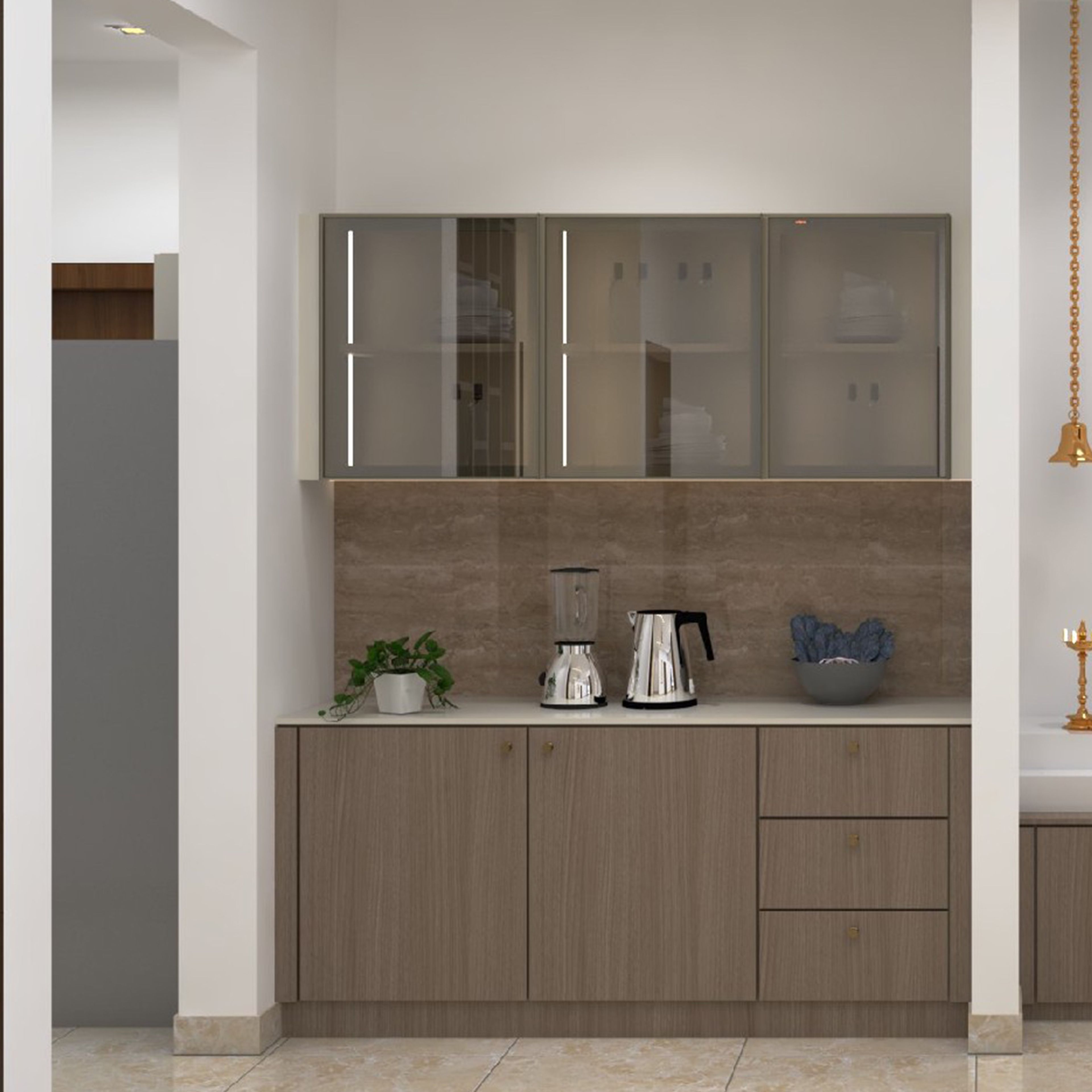 Traditional Walnut Crockery Unit Design with Display and Countertop Workspace