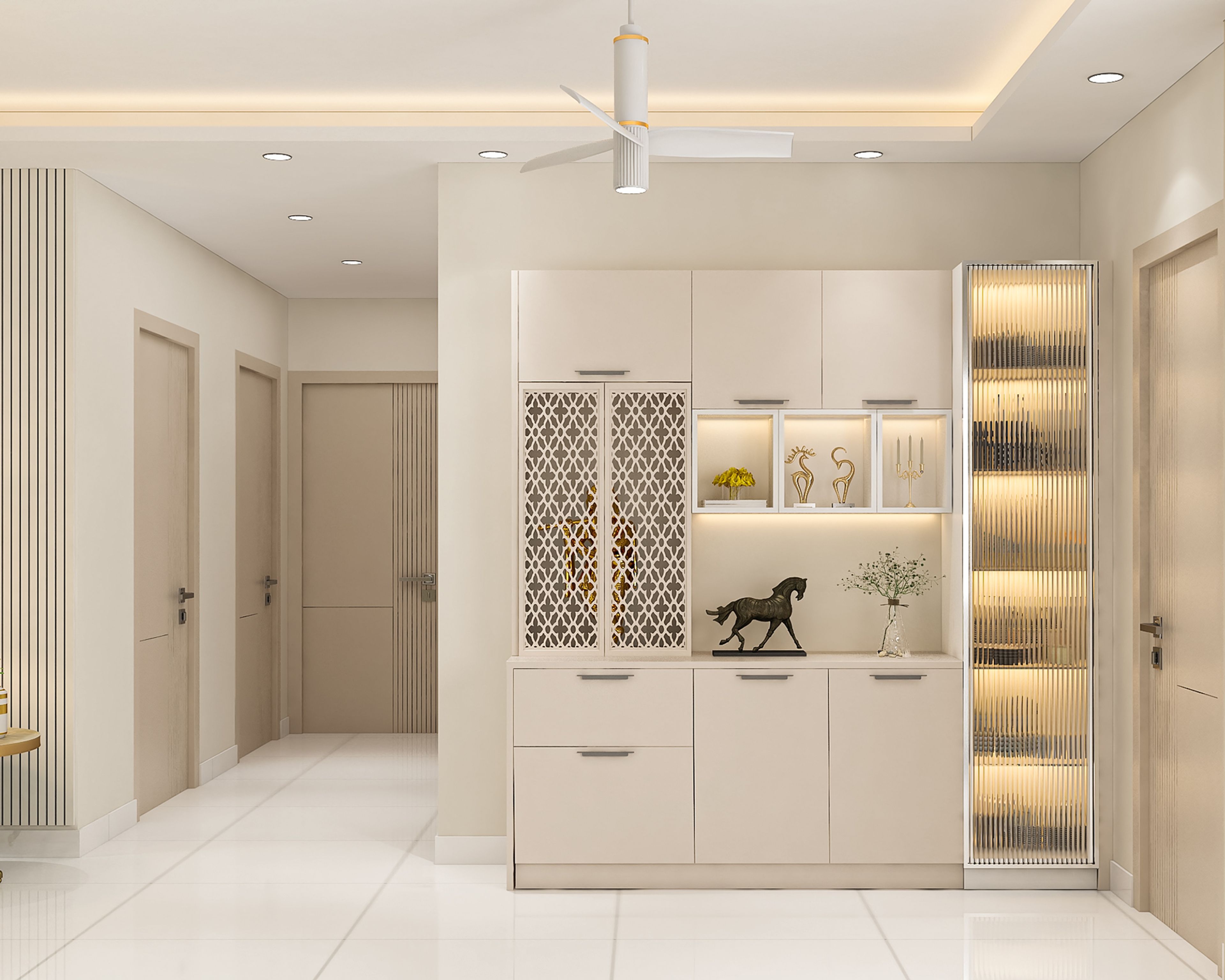 Contemporary Dining Room White Crockery Storage Unit Design with Matte Finish