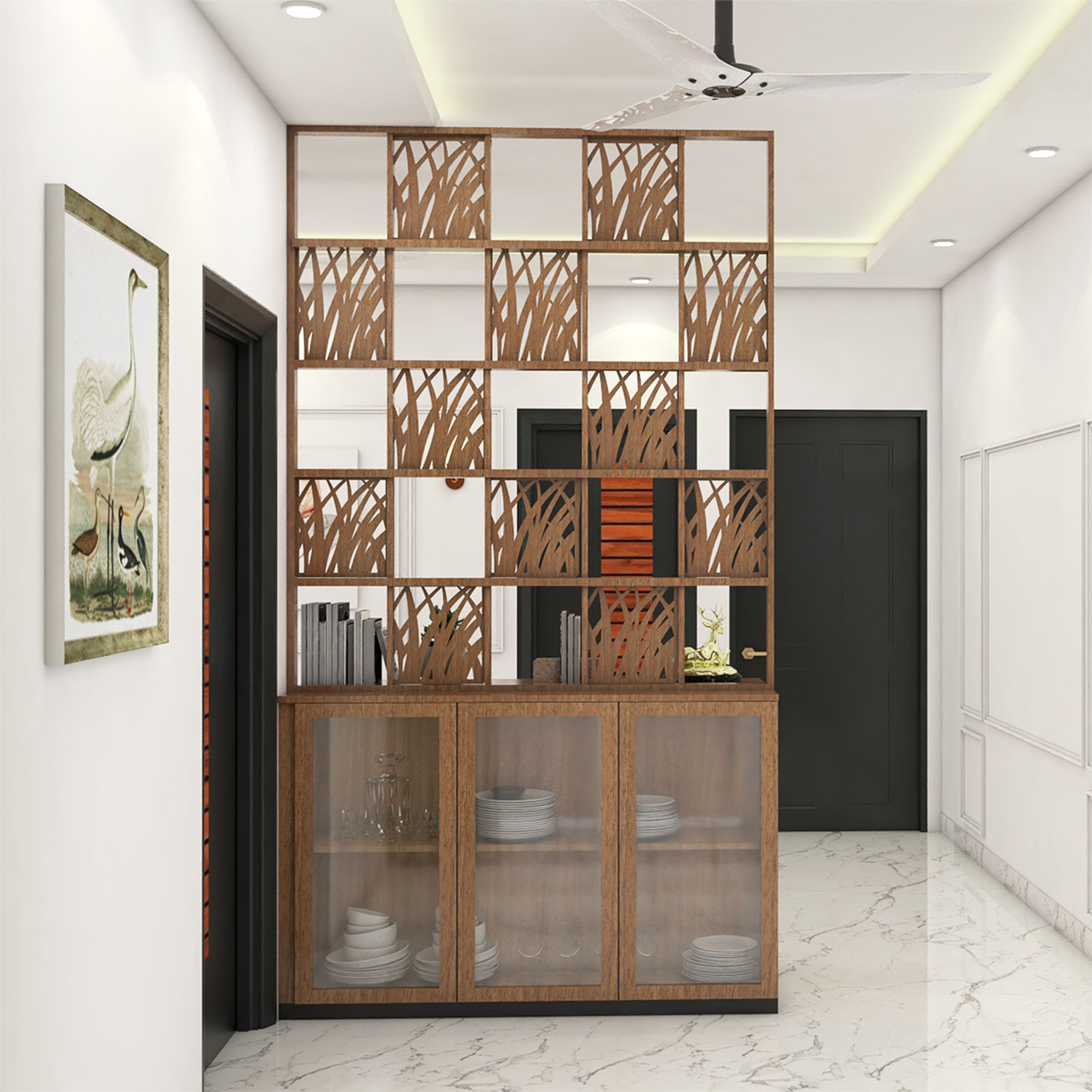 Contemporary Dining Room Crockery Unit Design with Wooden Partition Storage