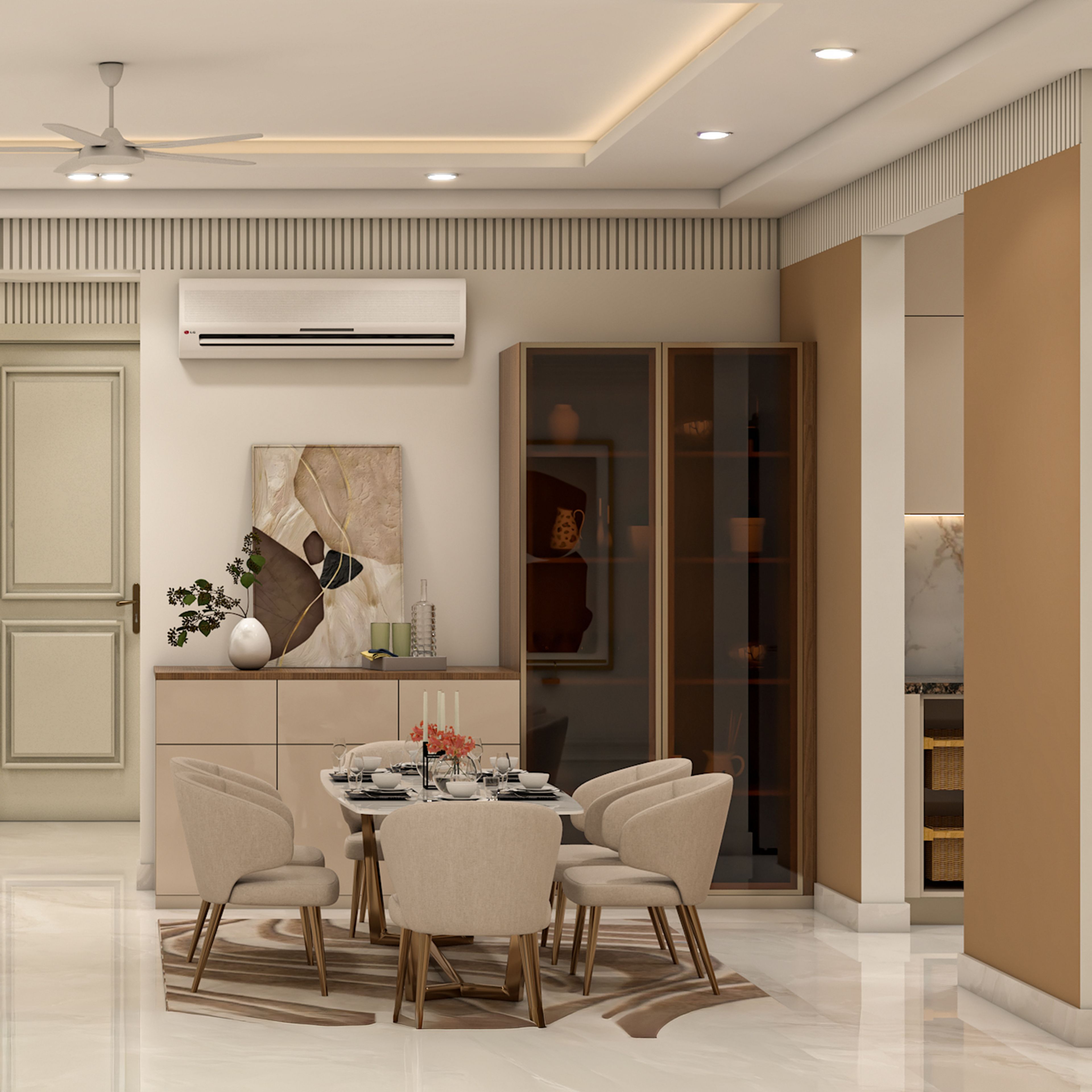 Cream Contemporary Crockery Unit Design with Glass Display and Storage