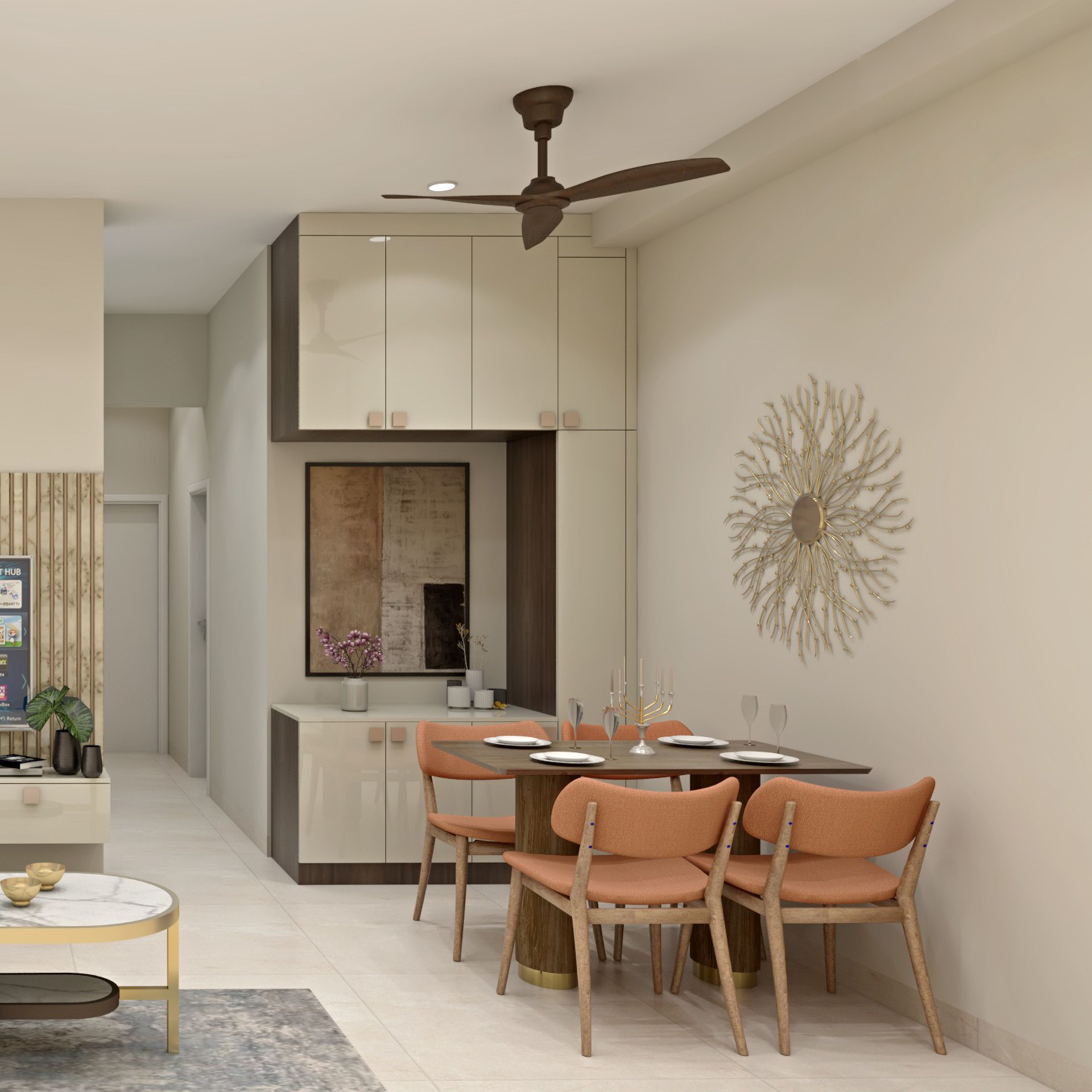 Modern Crockery Unit Design with White Cabinets and Display in High Gloss