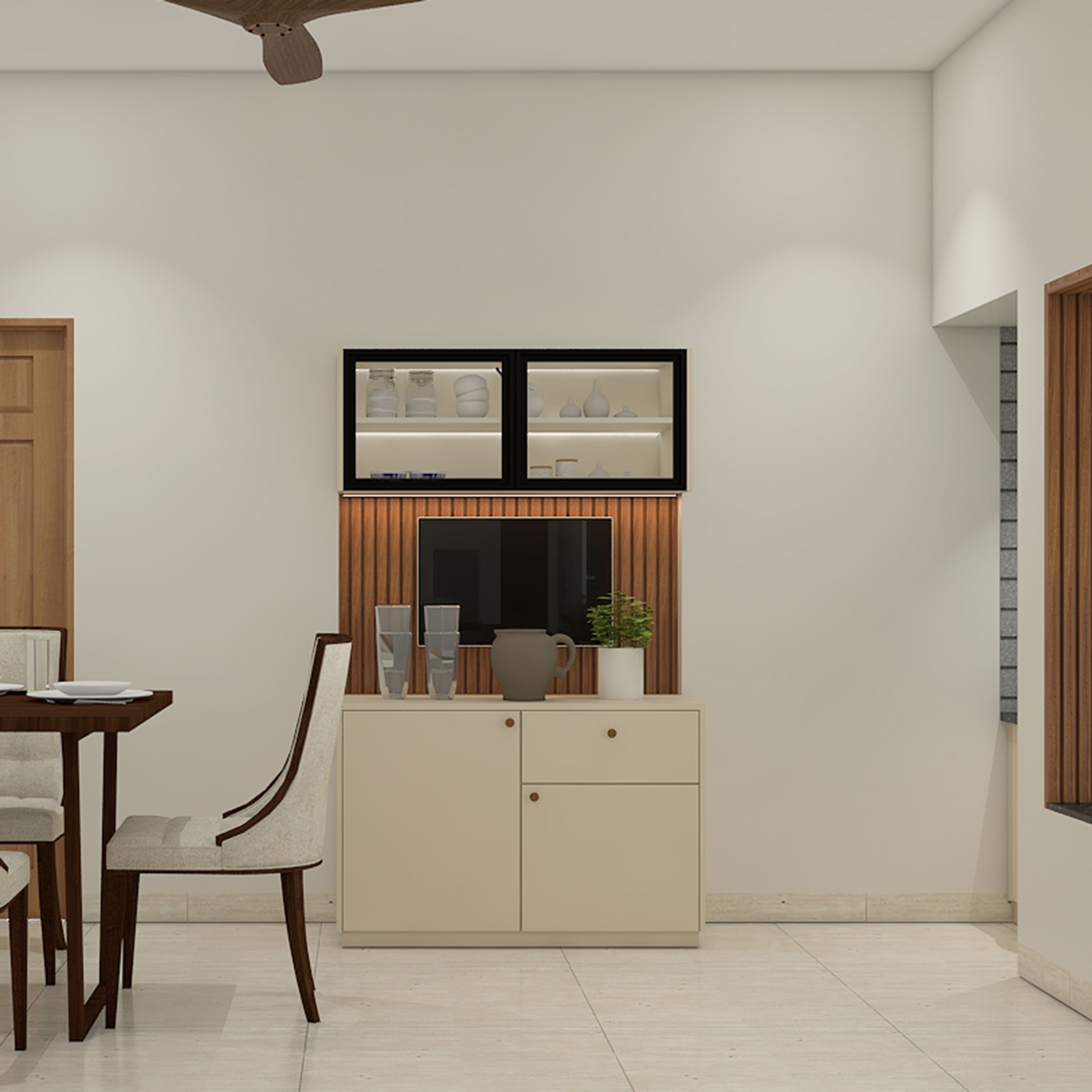 Modern White Crockery Unit Design with Glass Cabinets and Wood Panel