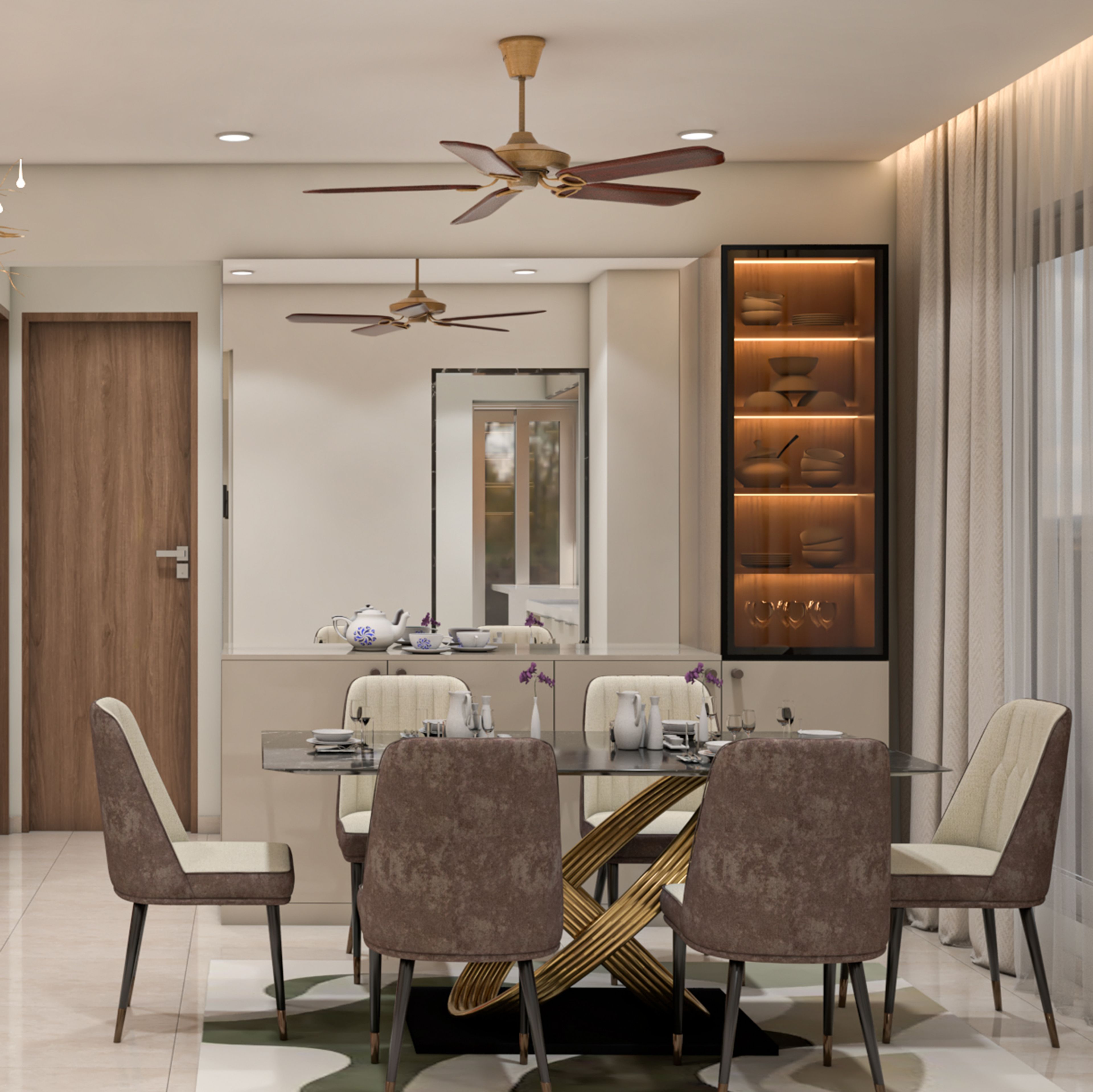 Contemporary Grey Crockery Unit Design with Mirror Panel and Display