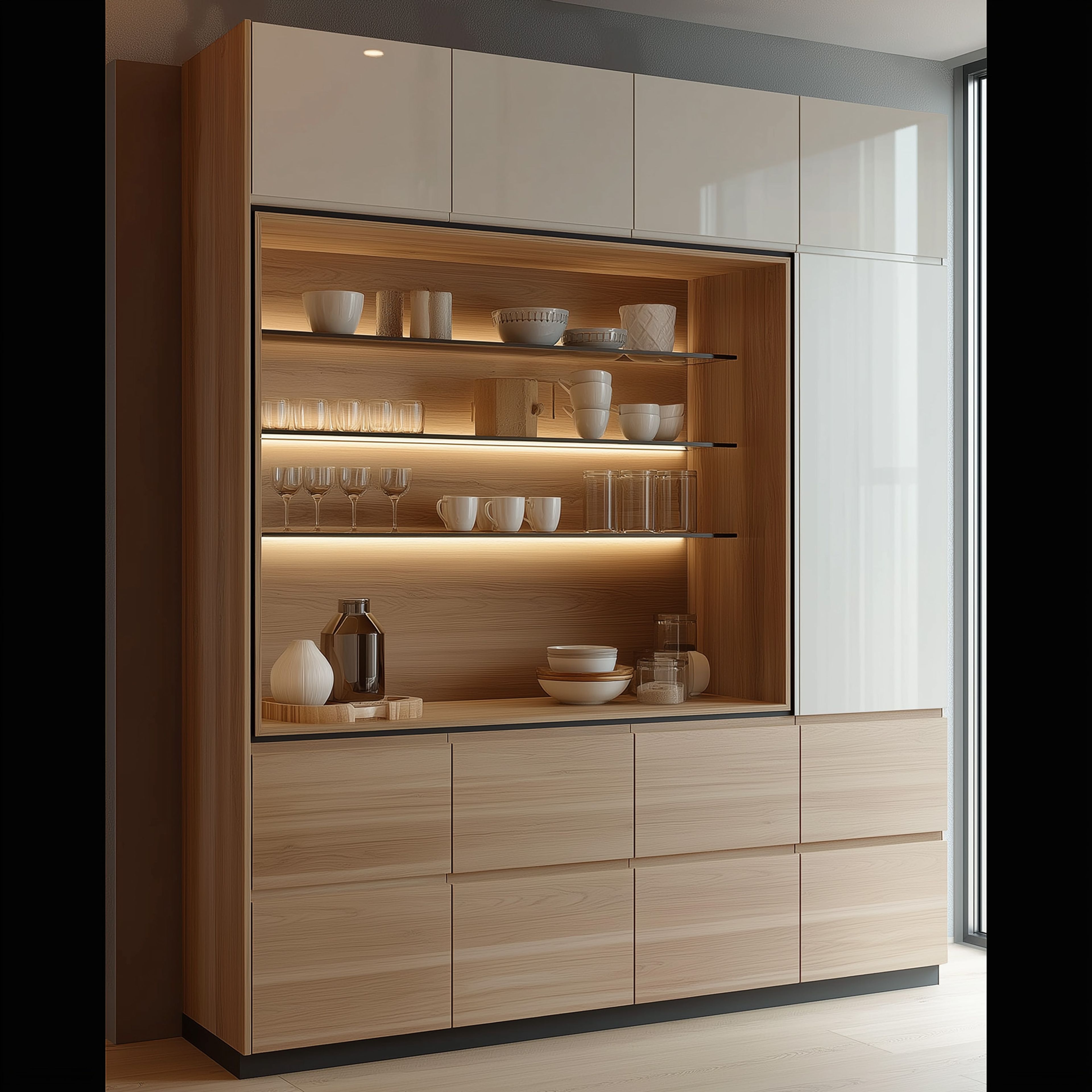 Minimal White and Wood Crockery Unit Design with Display Shelves