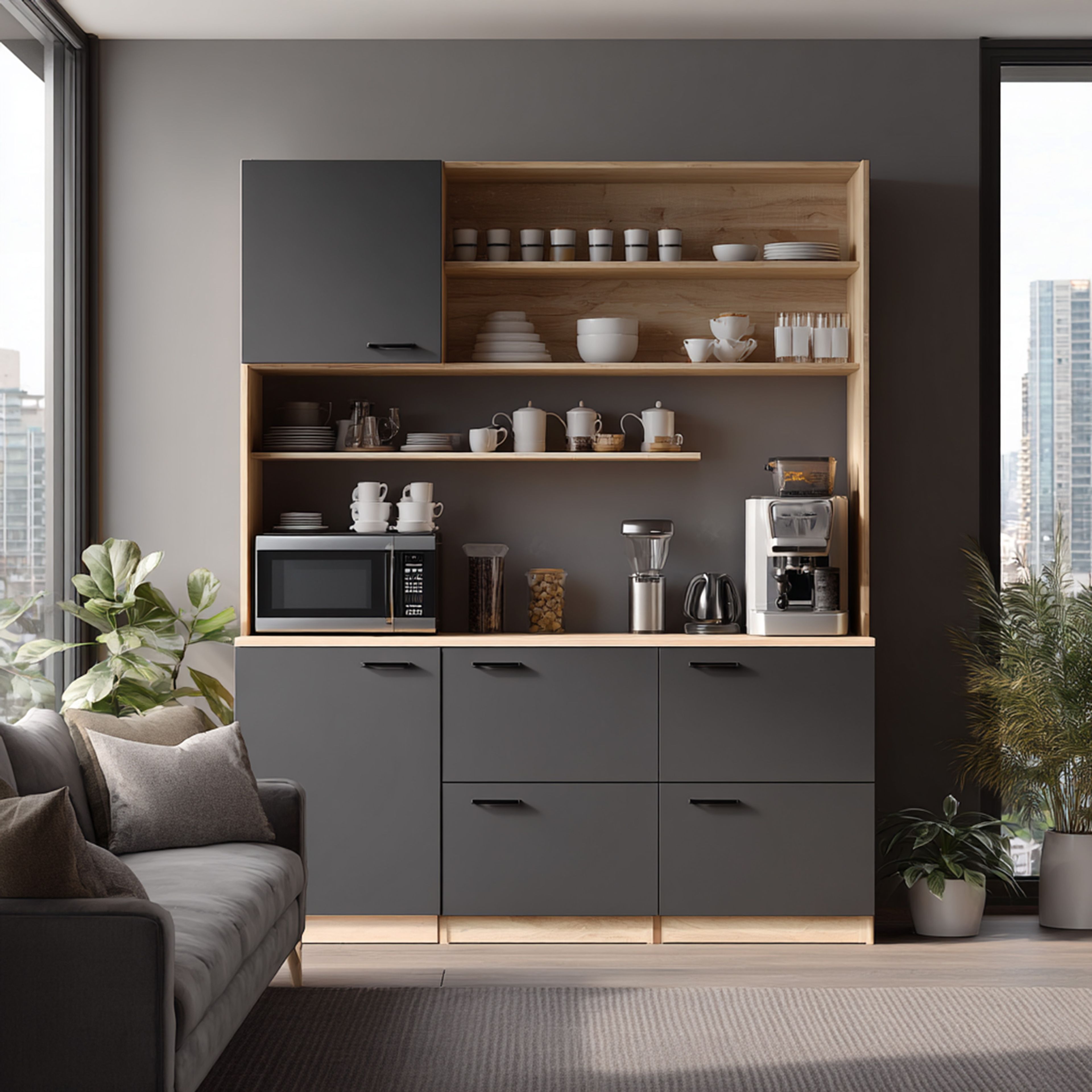 Grey and Wood Modern Crockery Unit Design with Open and Closed Storage