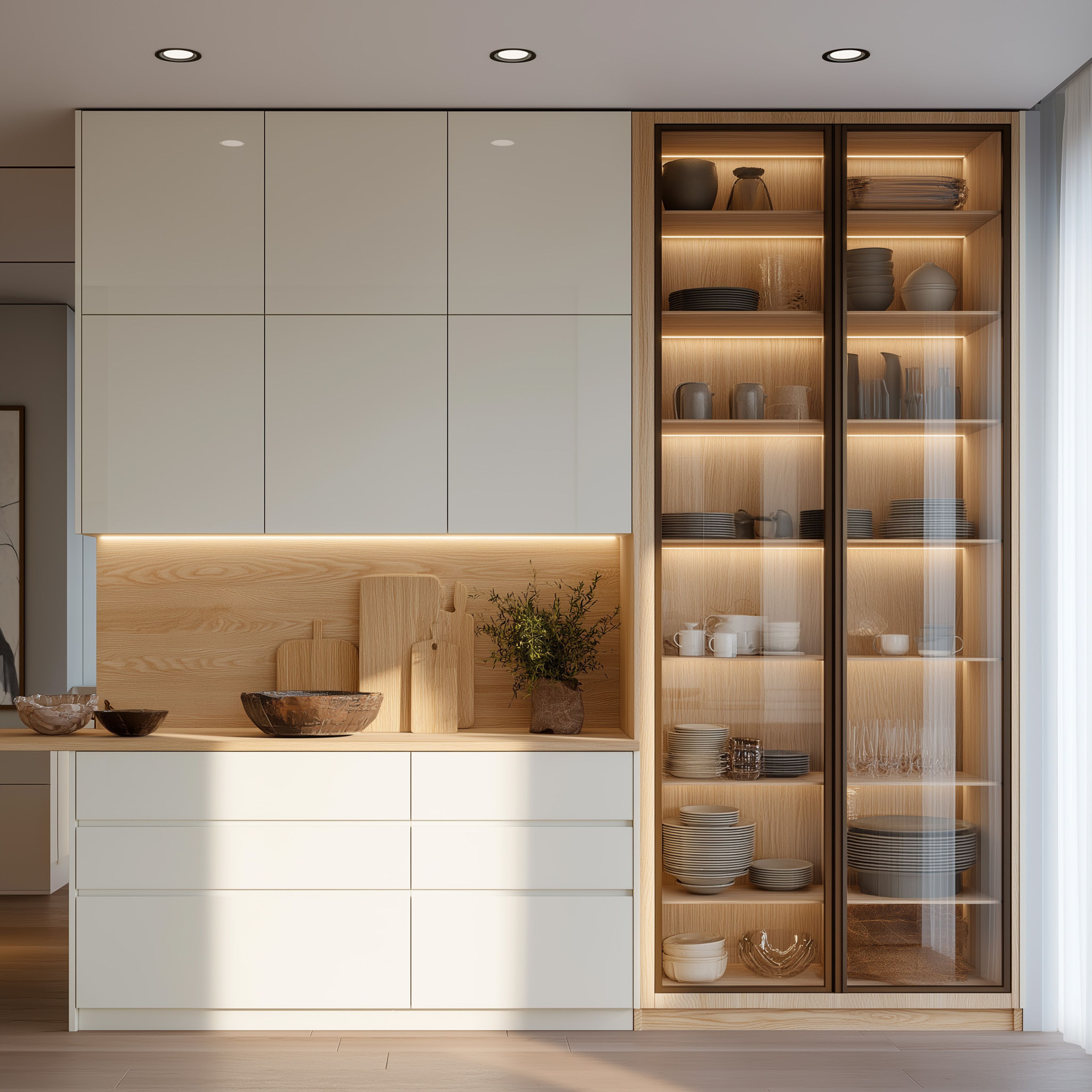 Modern White and Wood Crockery Unit Design with Glass Shutter Shelves