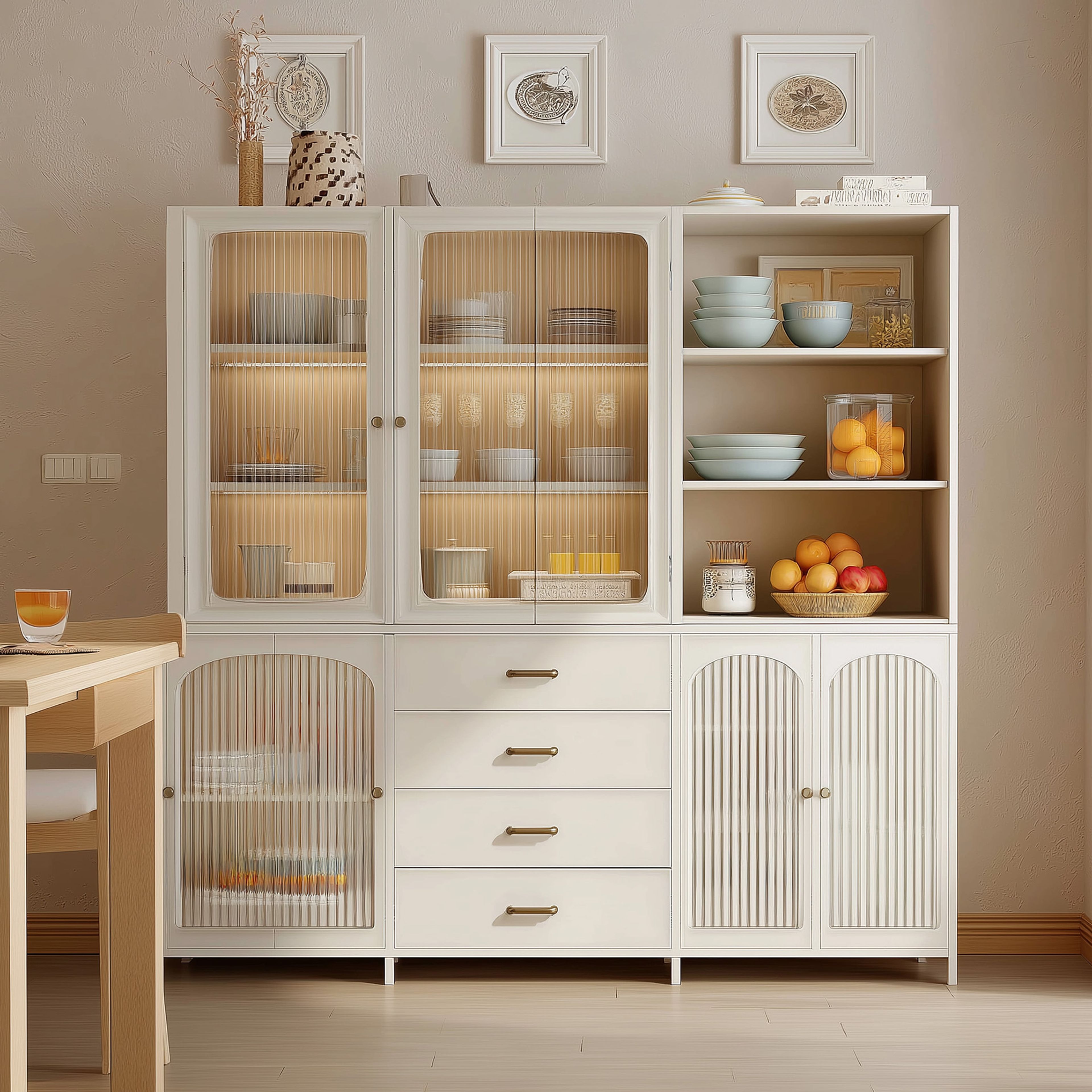Matte Finish Scandinavian Crockery Unit Design in Off-White with Glass Display Cabinets