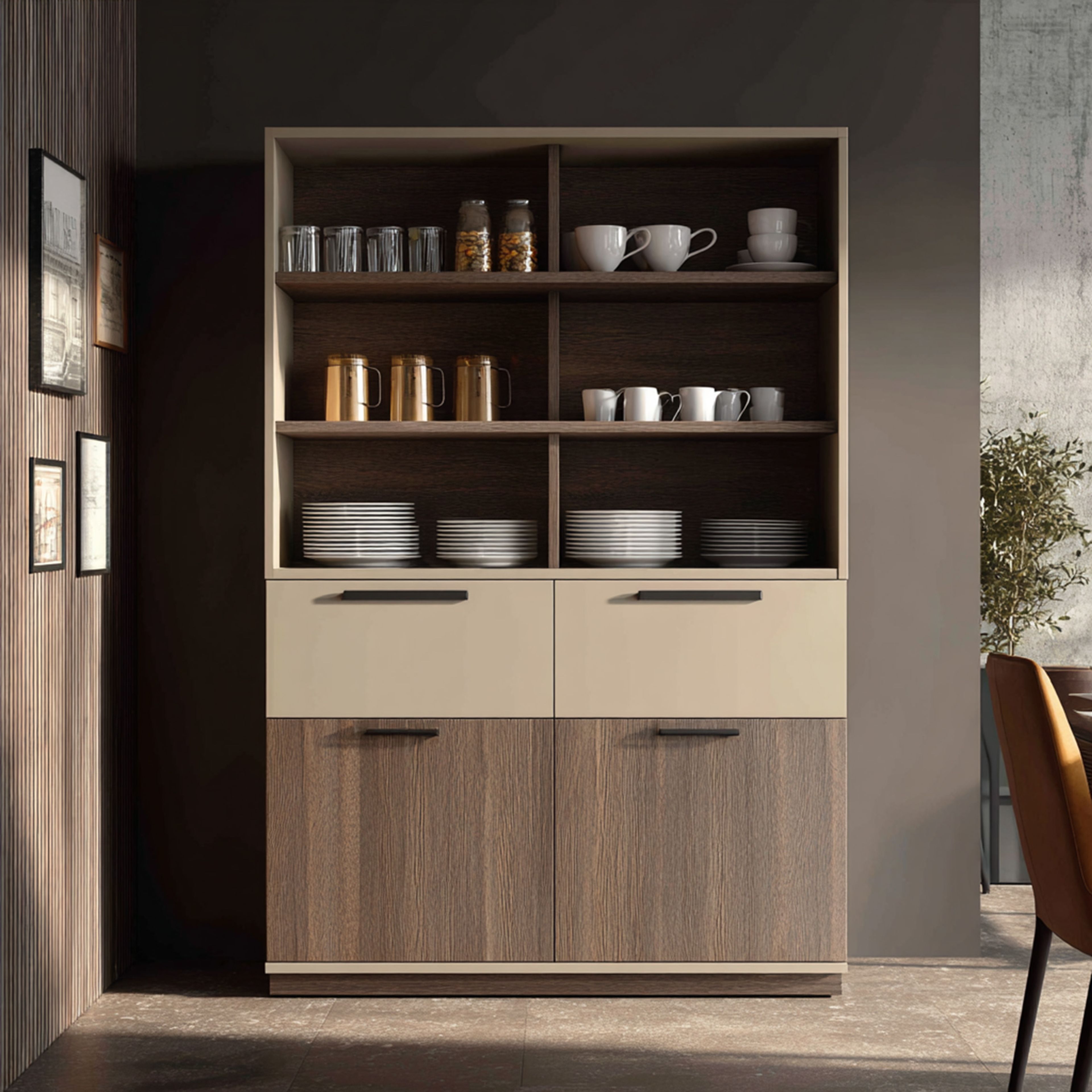 Contemporary Wood and Beige Crockery Unit Design with Open Display Shelves