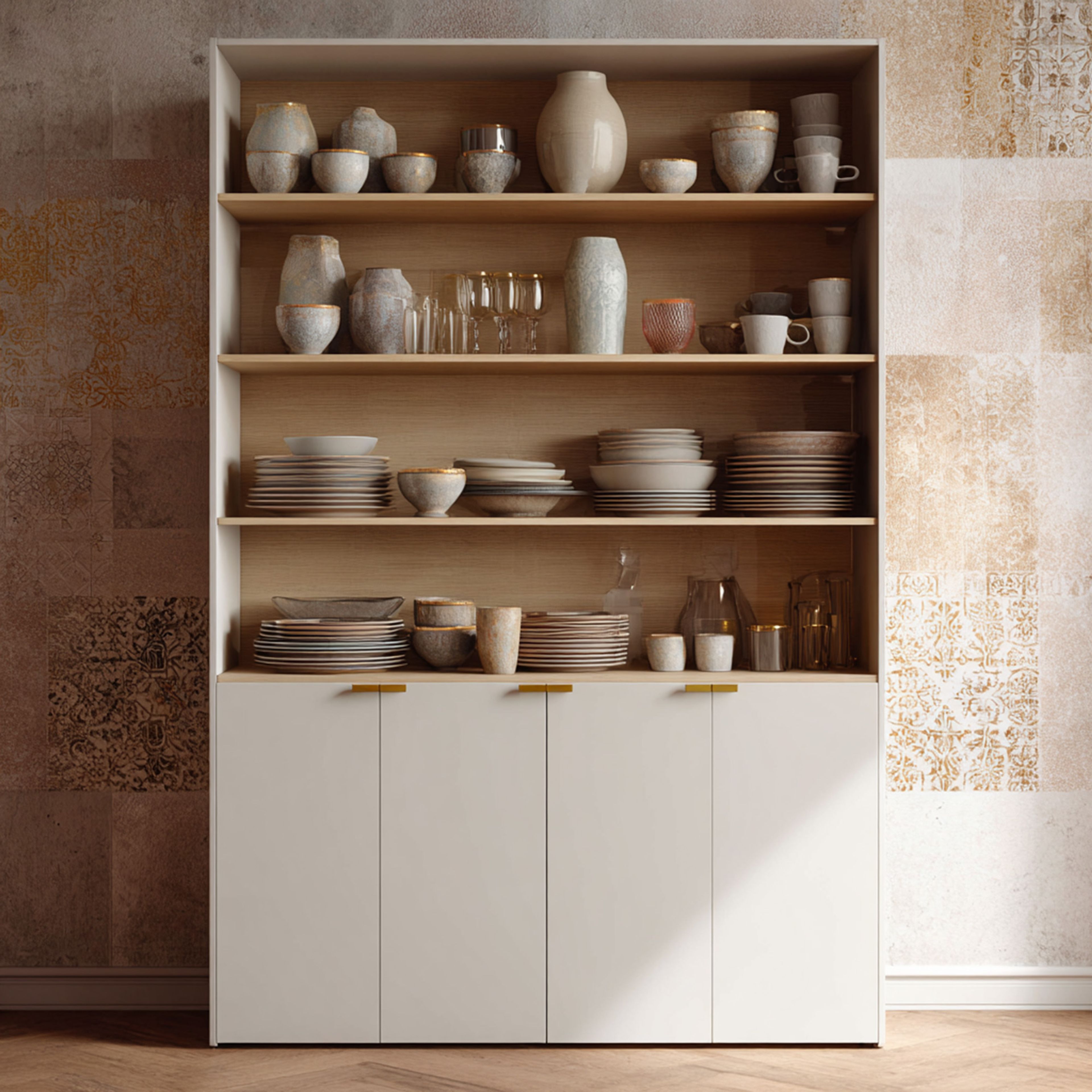 Minimal Crockery Unit Design in White and Wood Matte Finish