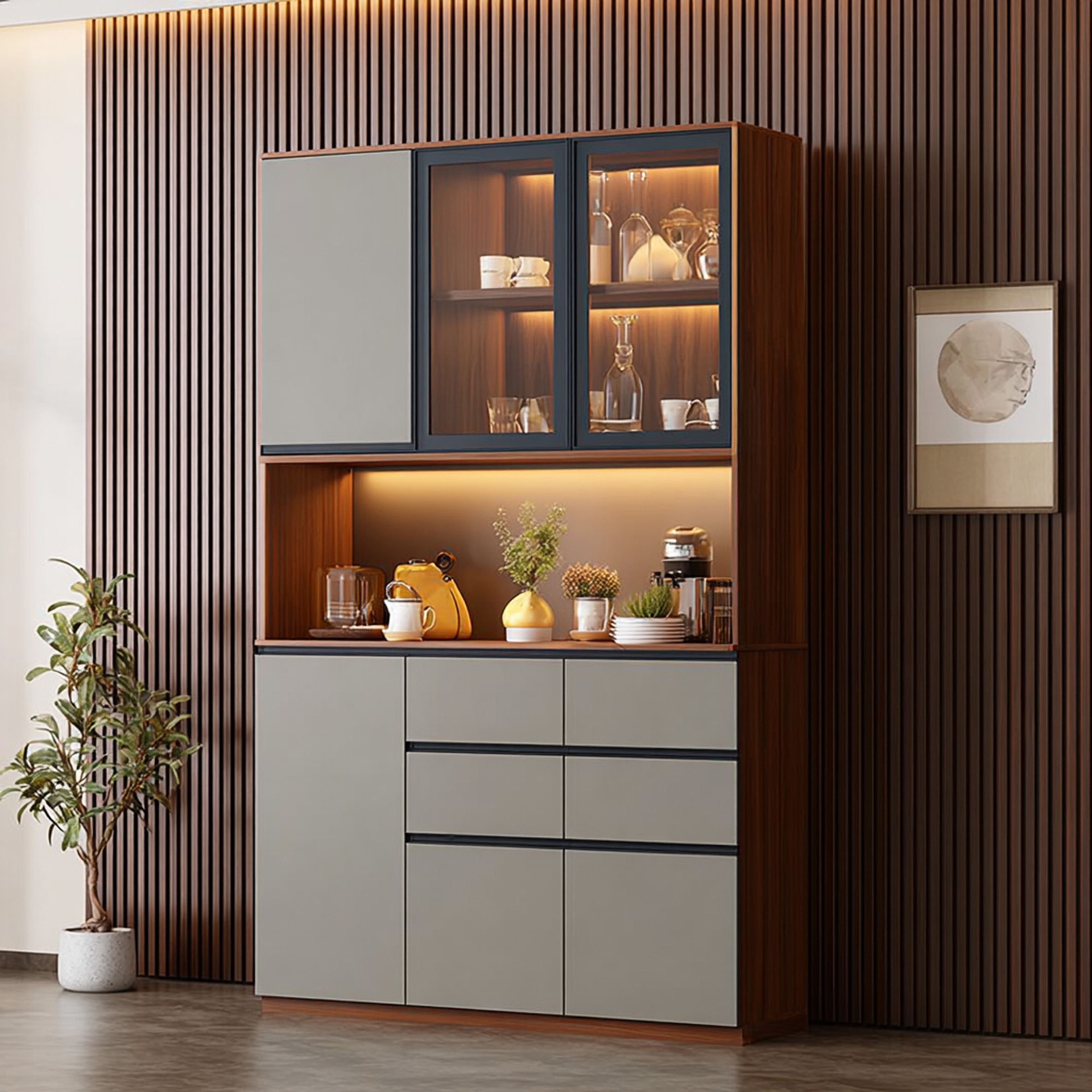 Modern Crockery Unit Design with Wood and Grey Matte Finish and Glass Display